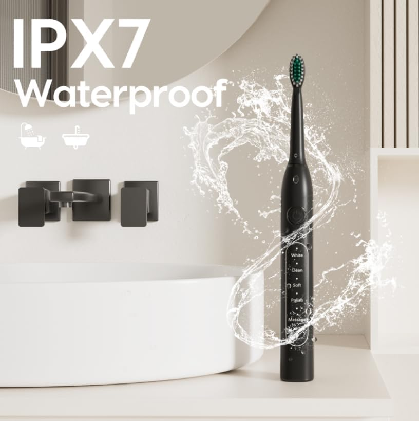 Electric Toothbrush for Adults, Included for Free with 8 Replacement Brush Heads, Travel Bag- 5 Cleaning Modes, IPX7 Waterproof,Rechargeable, with Smart Timer,Black Whitening Powered Toothbrush Set image number 4