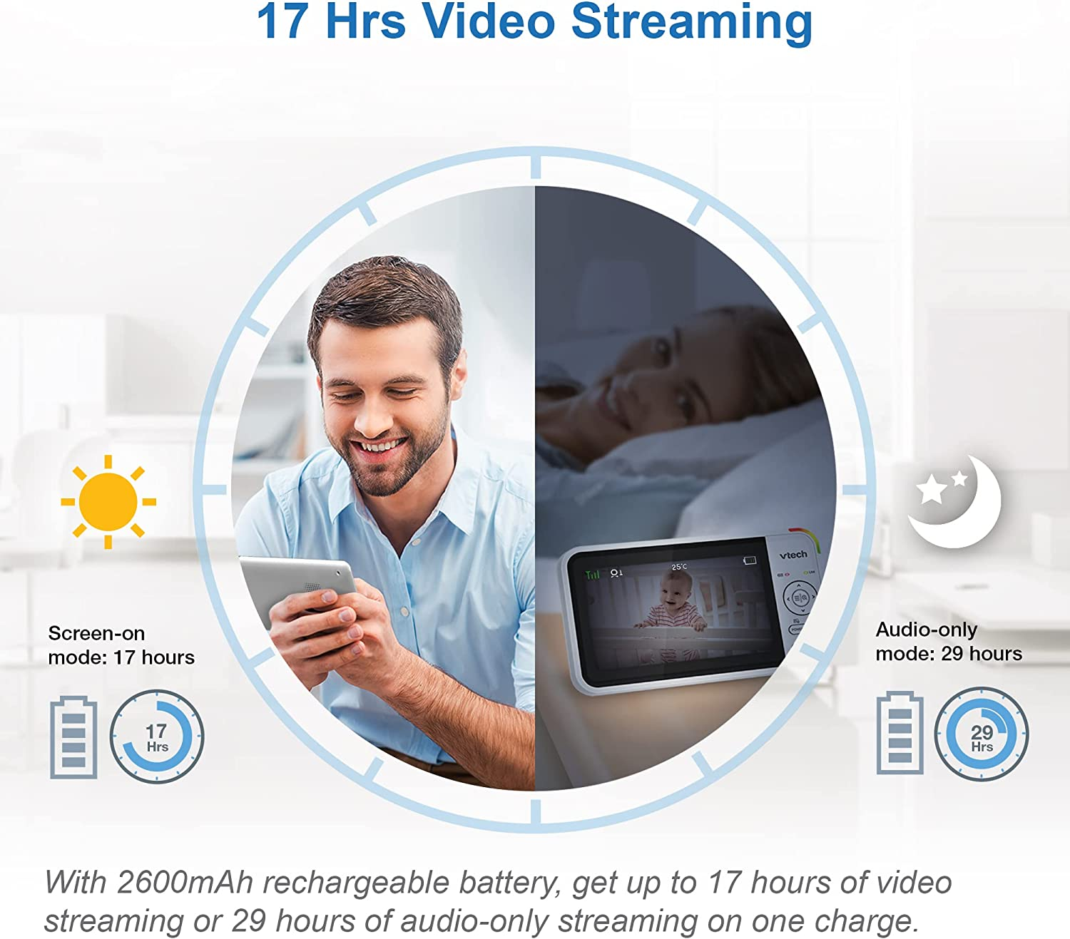 Vtech BM5250N 5'' 2-Camera Full Colour Video Baby Monitor with Night Light, 2-Way Talk, Soothing Sounds, Room Temperature Monitor, up to 17 Hours Battery Life