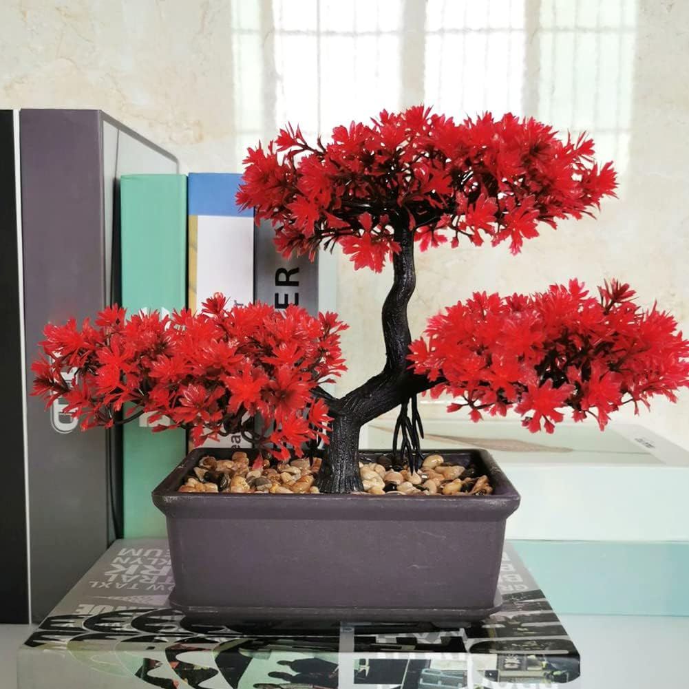 Artificial Bonsai Tree Potted Faux Pine Bonsai Simulation Zen Garden Fake Plant Bonsais Tree for Farmhouse Home Office Showcase Indoor D&eacute;cor Desktop Display(Color:Red) image number 6