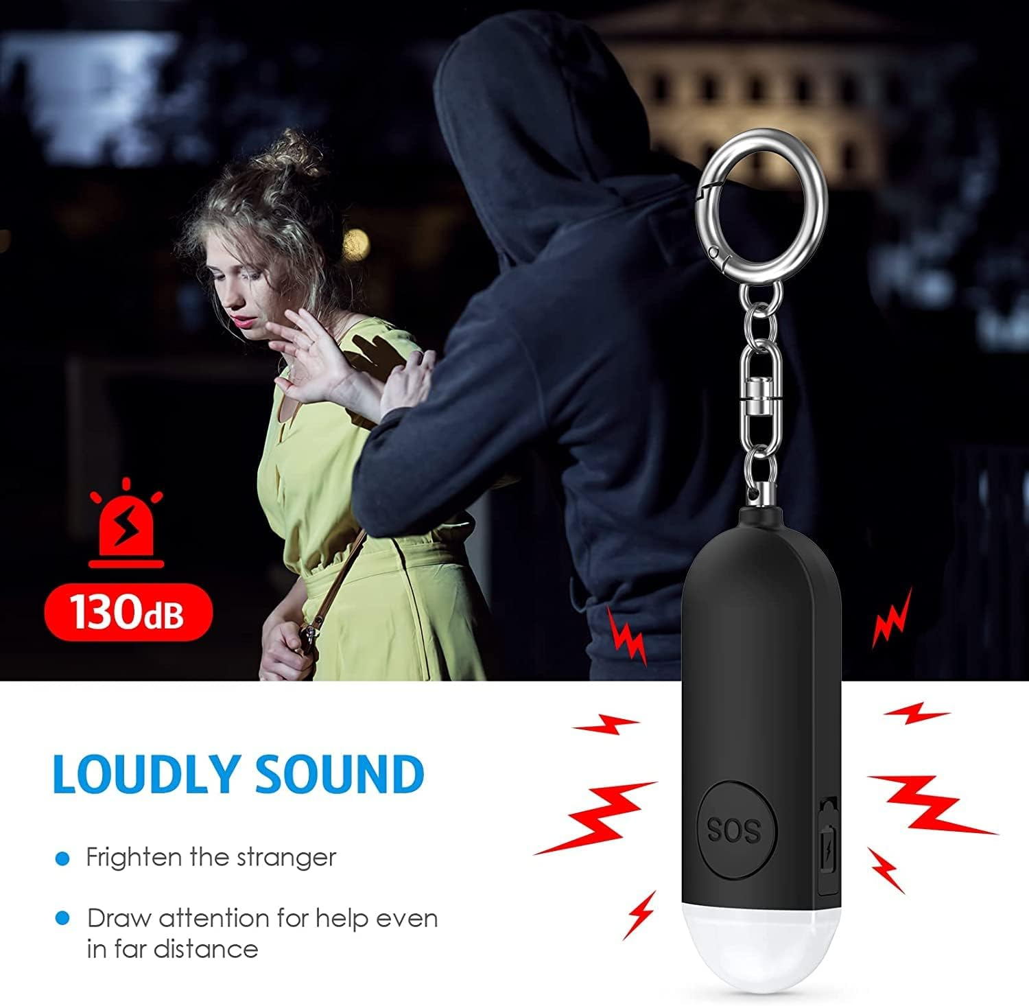 AMIR Personal Alarm for Women Elderly, 130Db Loud Personal Alarm Police Approved with LED Flashlight, Rechargeable Small Personal Panic & Rape Alarm Keyring for Students, Girls, Kids (Black) - 1, Black image number 6