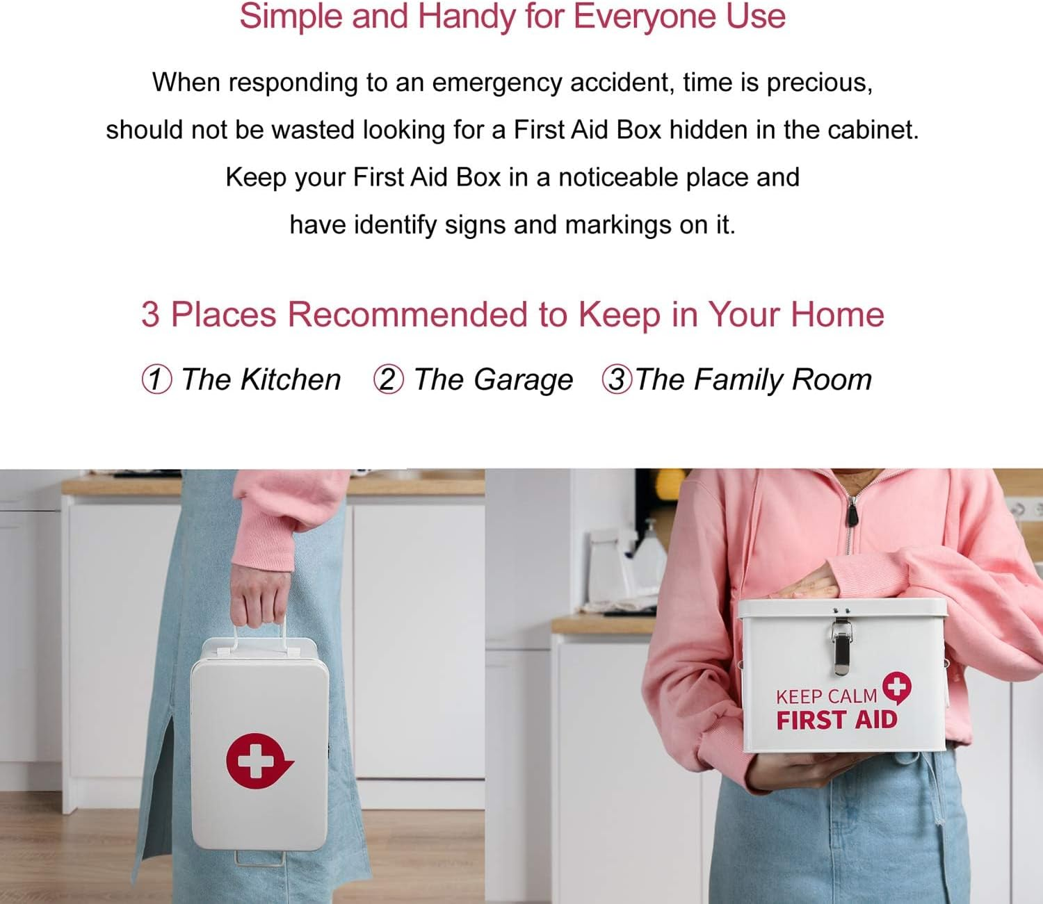 Keep Calm First Aid Medicine Organizer Storage Metal Box with Lid, Latch Closure, Removable Tray and Side Handles, Vintage Empty Box for Home, 9" X 6.3" X 6.5", Milky White image number 5