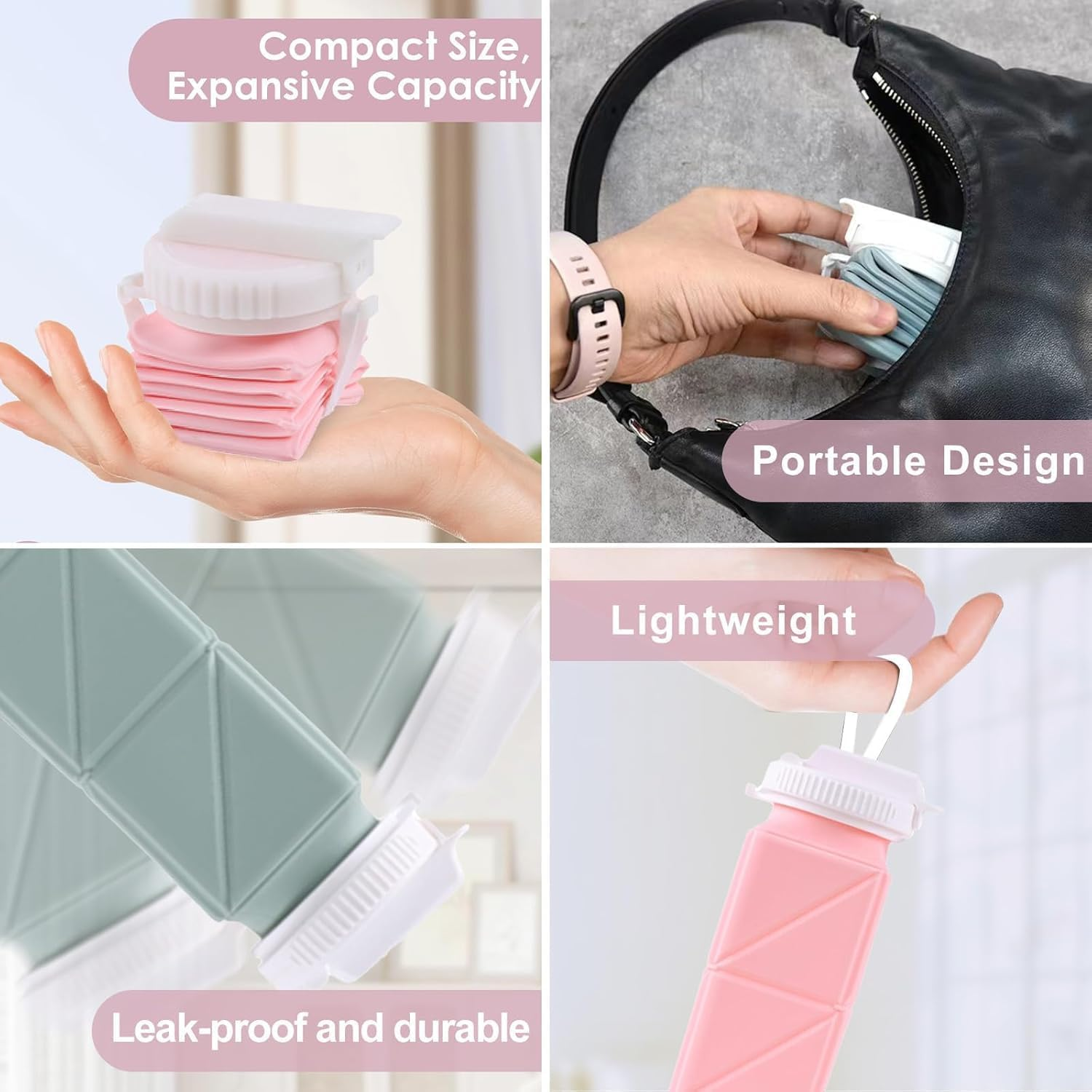 2 Pieces Collapsible Water Bottles 620Ml - Foldable & Reusable BPA Free Travel Water Bottles, Must-Have Travel Accessories for Travel, Sports & Kids | Foldable Water Bottle Set in Green & Pink image number 6