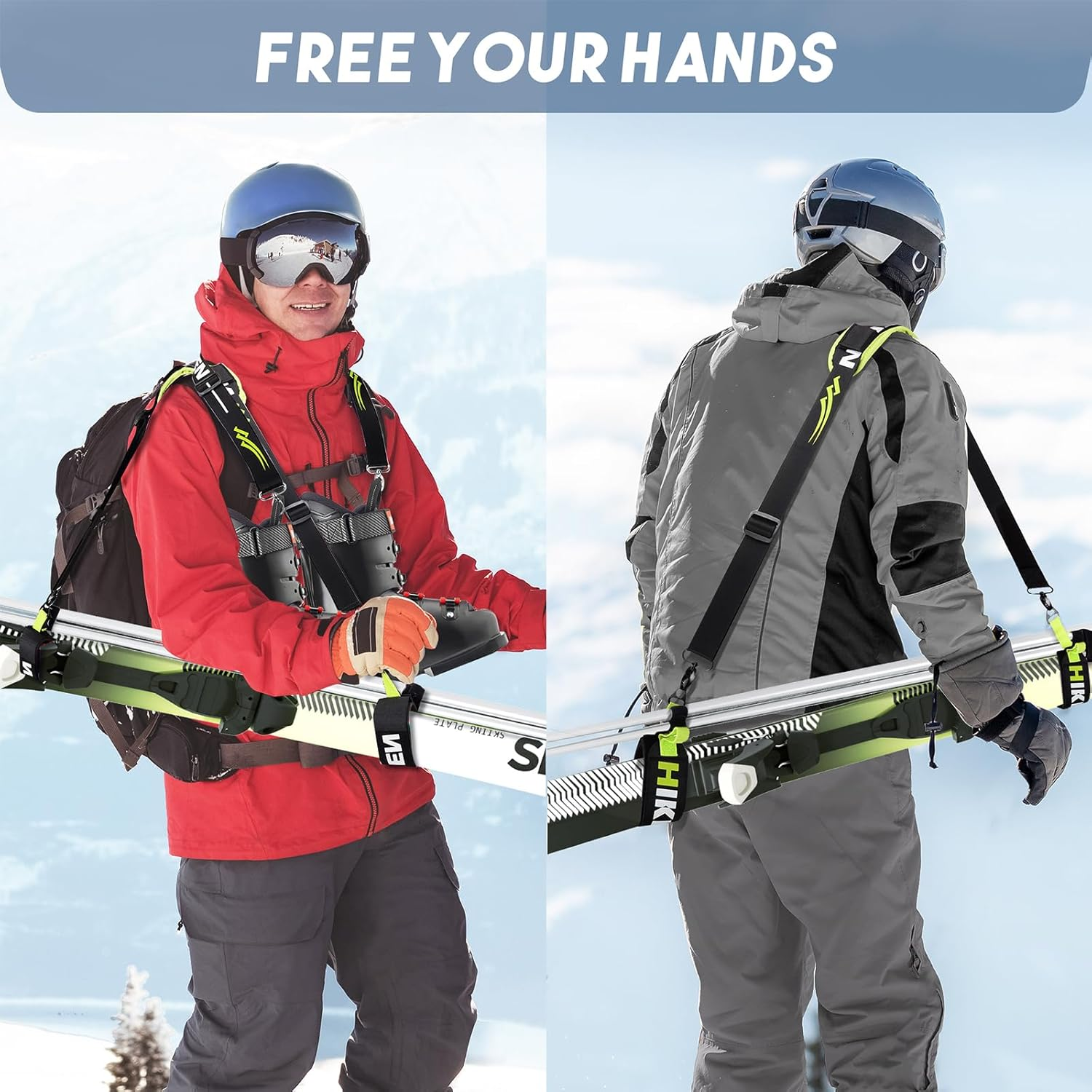 Hikeen Ski Carrier Straps, Poles and Boot Skis Straps with Adjustable Anti-Slip Shoulder Slings & Metal Buckle and Swivel Hook for Men Women Kids image number 4