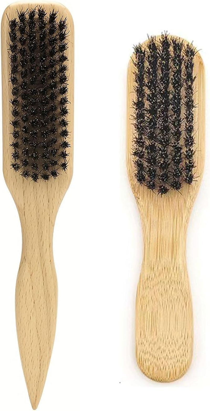Yxvyxymyxxg​ Slick Back Styling Brush Set - 2-Pack Boar Bristle & Anti-Static with Wooden Handle for Men & Women, Large Household & Small Travel Brush for Hair & Beard