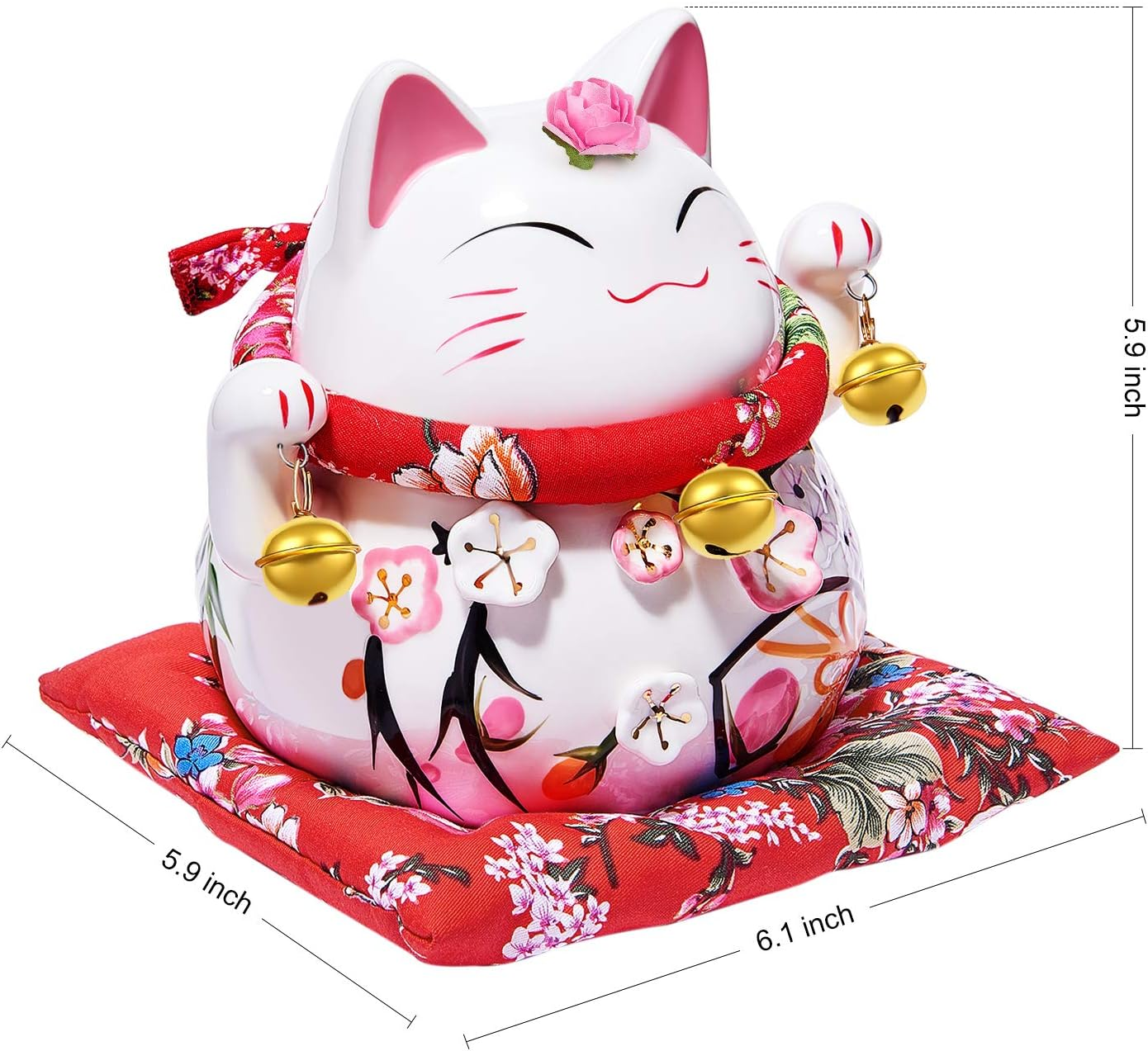 Randj 6" Cute Lucky Cat Maneki Neko Japanese Lucky Cat with Two Bells Piggy Bank Gift Desk Decoration (Head Flower) image number 5