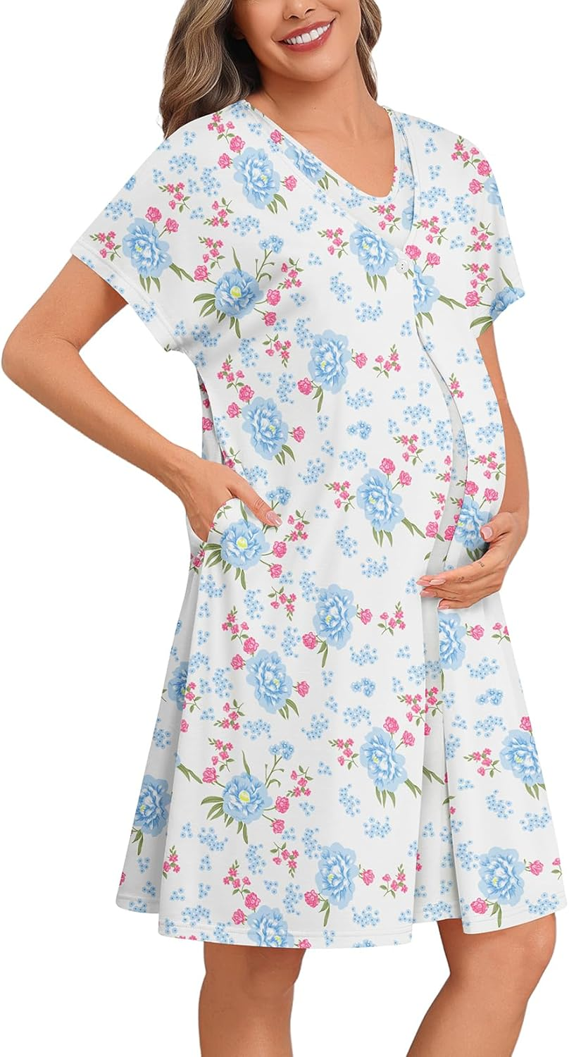 SWOMOG Nursing Nightgown 3 in 1 Labor and Delivery Hospital Gown Maternity Dress Short Sleeve Birthing Robe for Breastfeeding image number 3