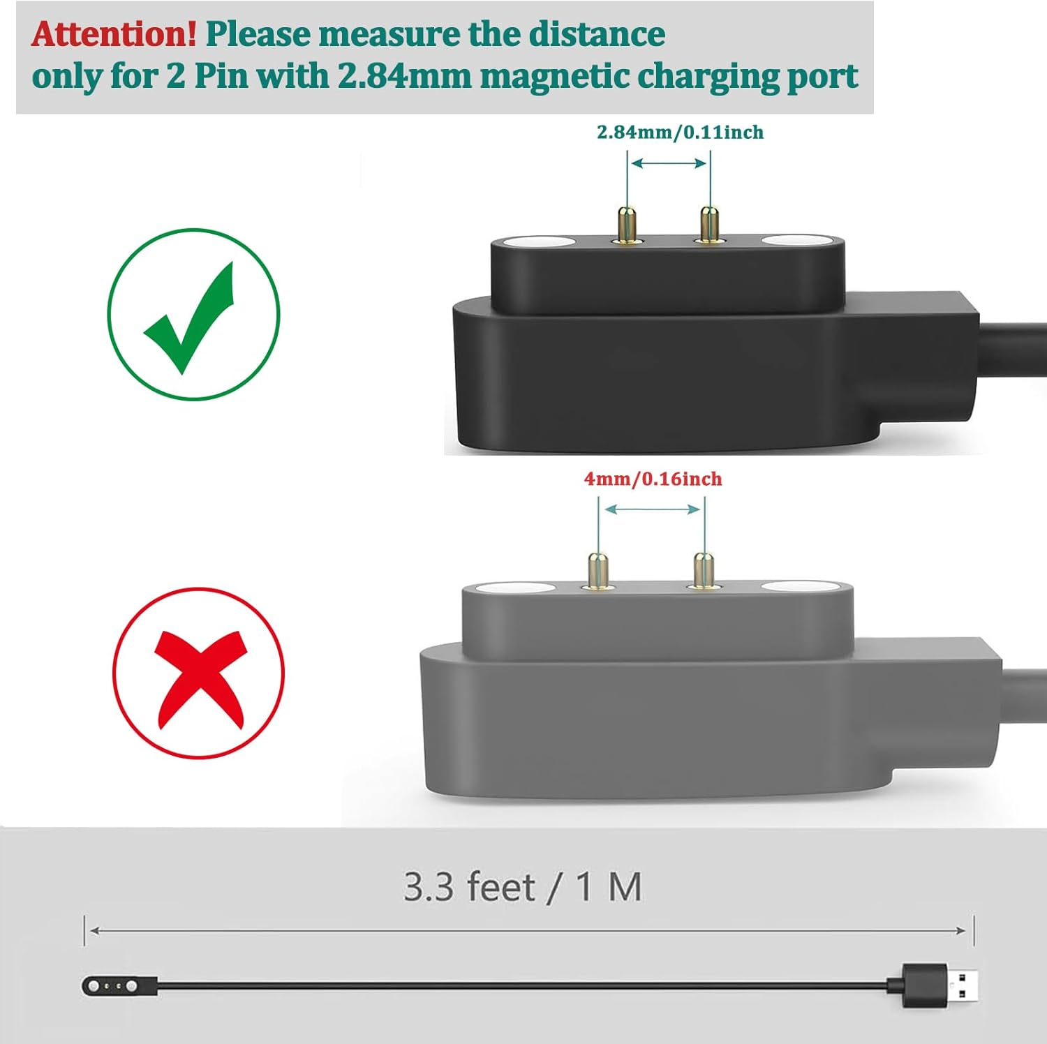 2 Pack 2 Pin Magnetic Charger for Smart Watch, 1M USB Cable for Yamay SW023, Wiliful SW021, Letsfit ID205, Vigorun ID216, Umidigi Uwatch 2/2S/3/3S/Urun/Urun S/Ufit/Haylou GST image number 6