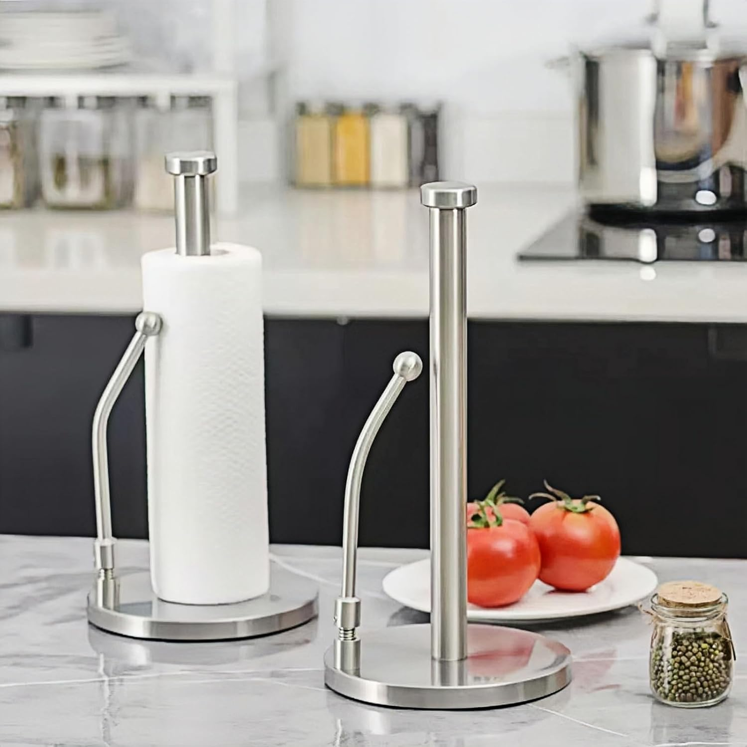 Paper Towel Holder, Non Slip Paper Towel Dispenser Standing Weighted Base,Spring Arm for Easy Tear, Stainless Steel Paper Towel Holder for Home Kitchen Countertop Tabletop image number 4