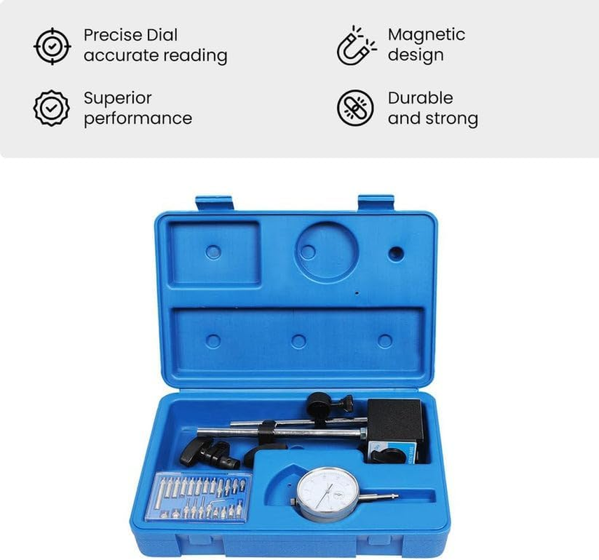 EZONEDEAL Dial Indicator with Magnetic Base Holder Fine Adjustable Long Arm 0-1" Tester Gage Gauge 0.001" Magnetic Base & 22 Point Precision Inspection Set