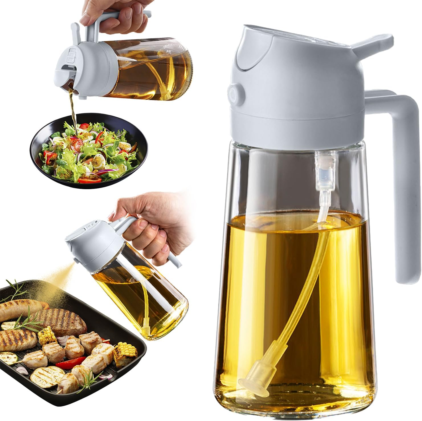 Trendplain 16Oz/470Ml Olive Oil Dispenser - 2 in 1 Olive Oil Spray Bottle for Cooking, Kitchen Tools, Air Fryer, Salad, and BBQ - White