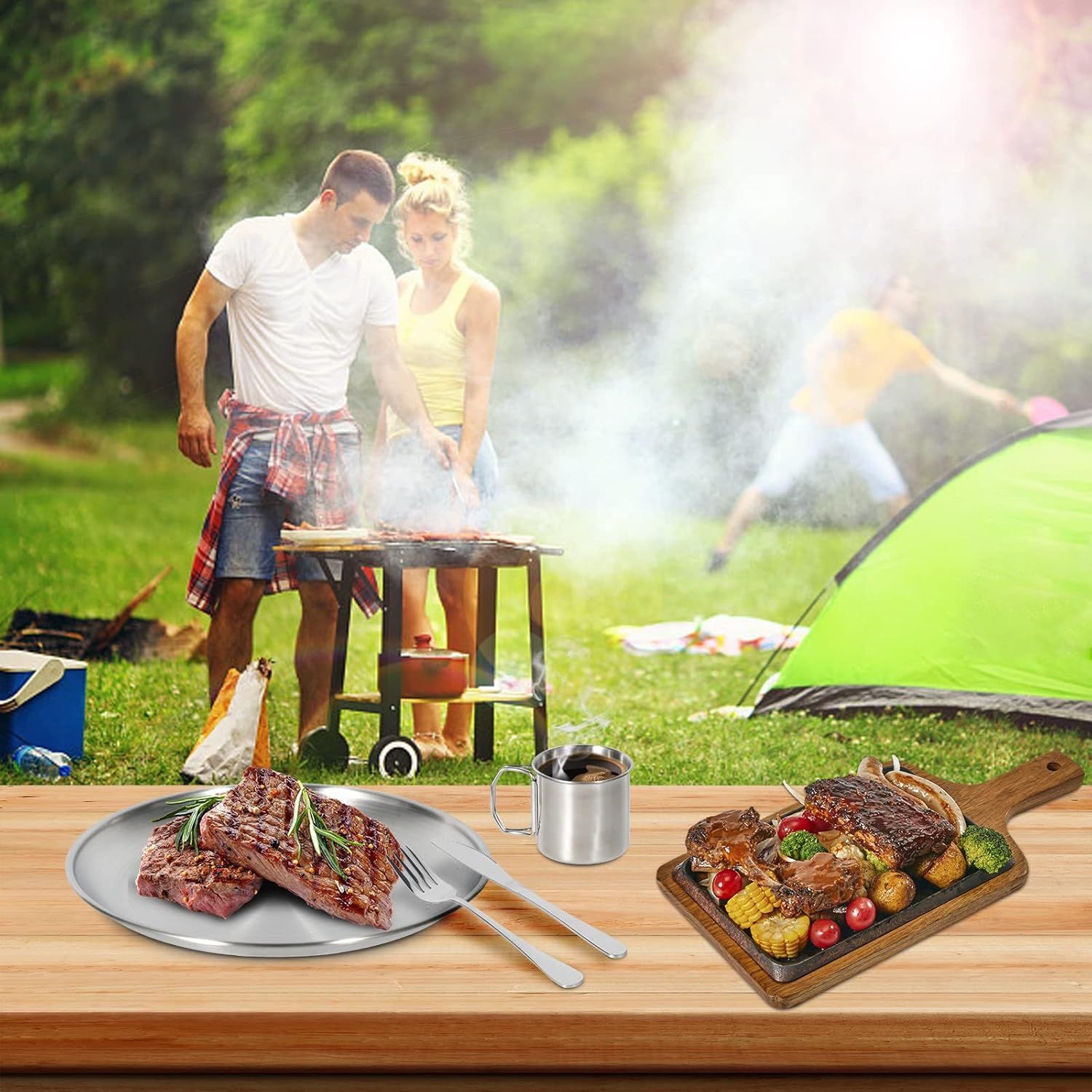 Camping Cutlery Set, ISFORU Stainless Steel Tableware Measuring Case Including Plate, Cup, Bowl, Cutlery with Mesh Bag, Tableware Utensil Set for Outdoor Camping, Hiking and Picnic image number 5