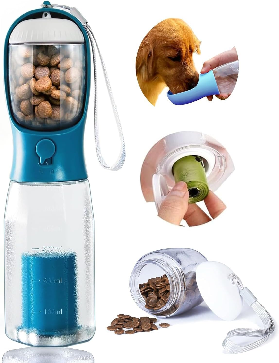 Dog Water Bottle with Food Container & Poop Bag Holder, Dog Travel Water Bowl, Portable Pet Dispenser, Dog Stuff Accessories Items, Puppy Essentials Necessities for Walking Hiking (Indigo) image number 1