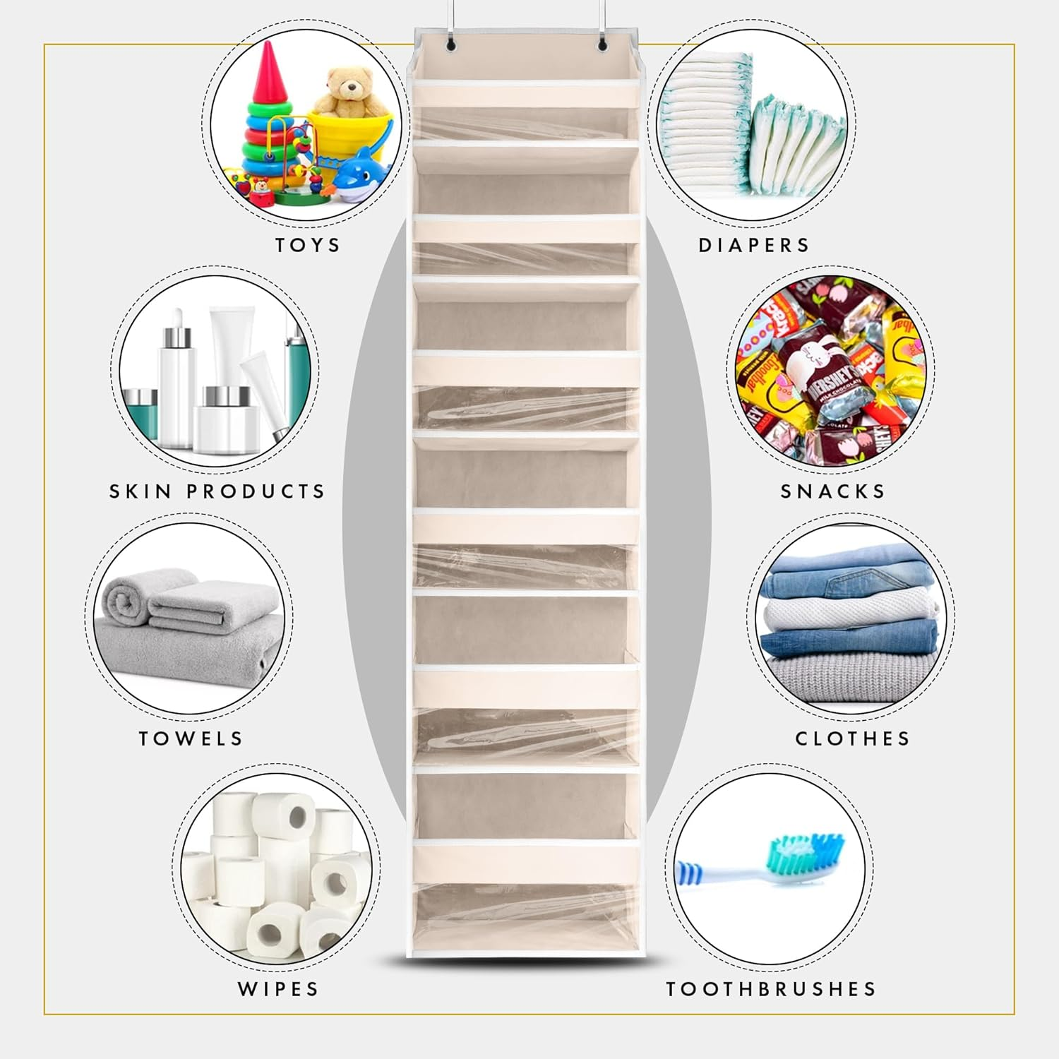 HOMELUX THEORY 1 PC Heavy Duty over the Door Organizer 55X14X6.7, 6 Large Front & 12 Side Pockets, Hanging Storage Closet Door Organizer for Bedroom, Bathroom and Baby Nursery Storage (Ivory) image number 6