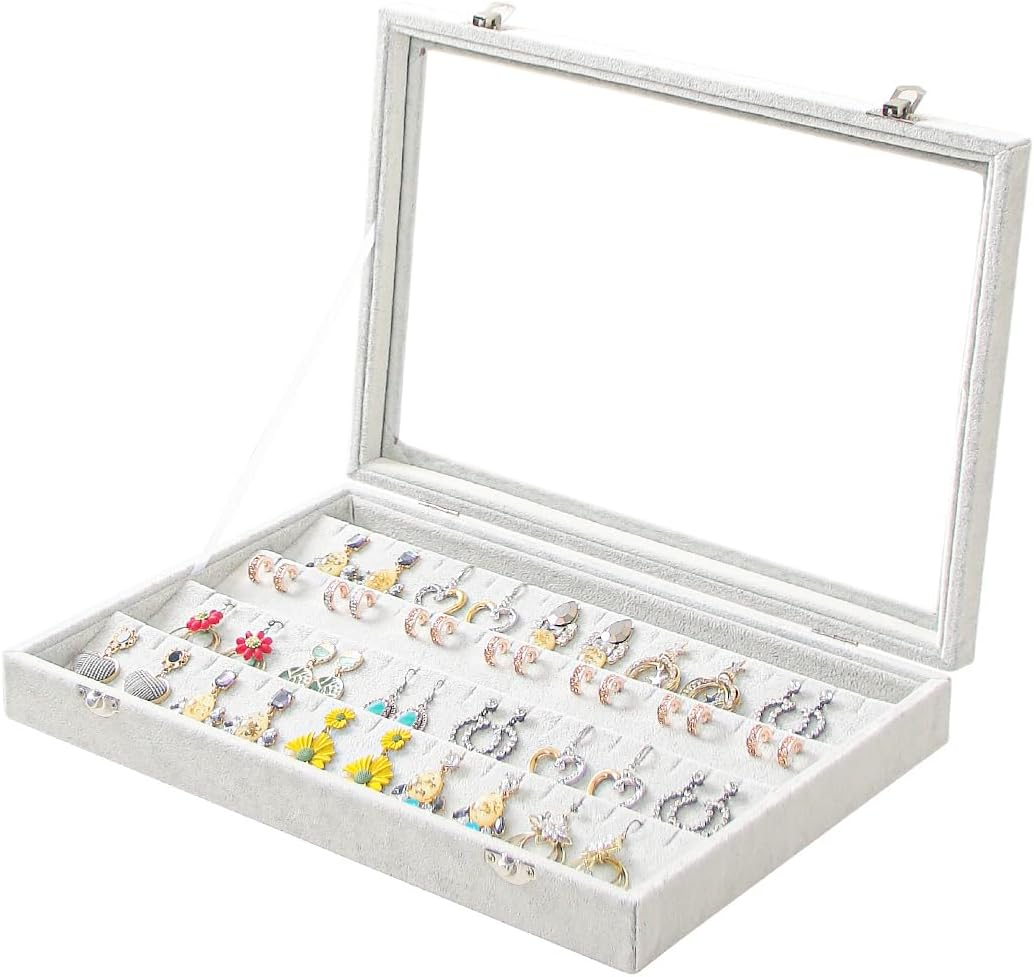 Coward Jewelry Organizer Box, Beige Velvet 12 Grids Bracelet Bangle Necklace Jewelry Display Tray Case with Transparent Glass Lid for Home Drawer Desk or Store Selling Show