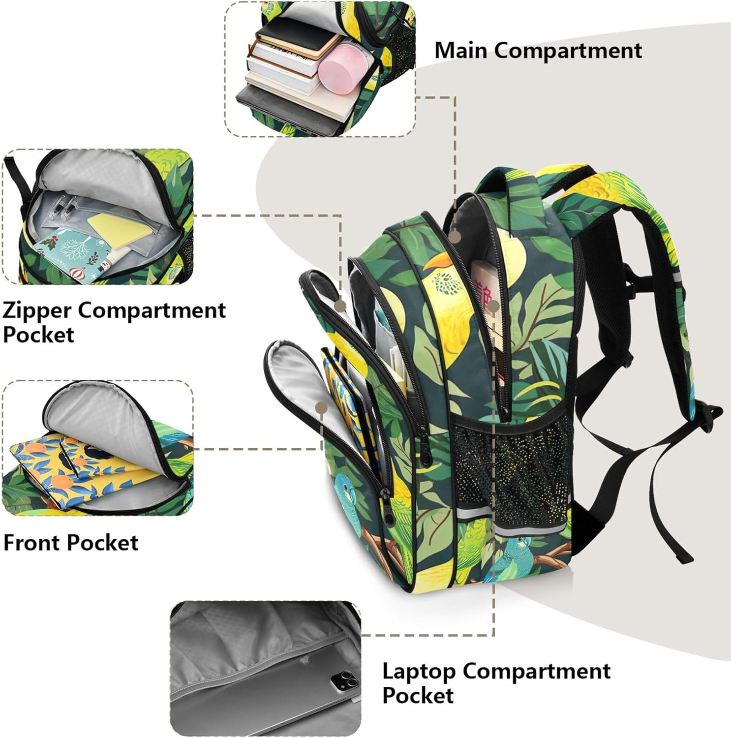 Joisal Green Yellow Parrots Leaves Kids Backpack Girls Boys Children School Bag Custom Lightweight Bookbag Toddler Daypack image number 4