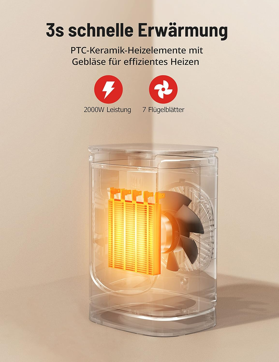 Paris Rh&ocirc;ne Fan Heater, Energy Saving, 2000 W Mini Fan Heater with Automatic Oscillation Thermostat, 12 Hour Timer, 70&deg; Oscillation for Bathroom, Bedroom, Office image number 4