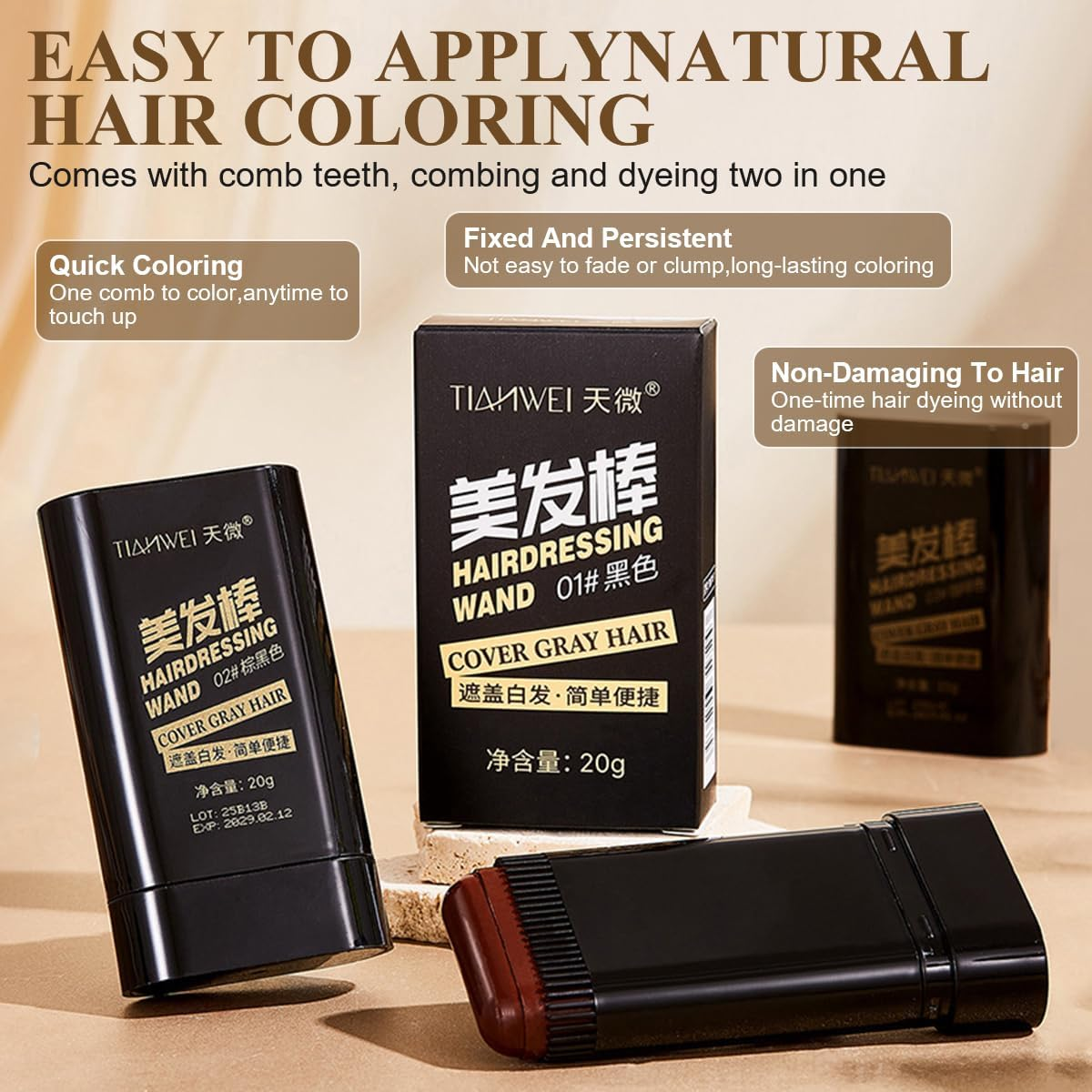 Hair Color Stick Comb Hair Dye Pen Instant Portable Hair Dye Comb Root Hair Mascara for Gray Hair Coverage, 2 in 1 Temporary Hair Touch up Dye for Women & Men Blonde Roots Quick Fix (Dark Brown) - Black image number 2