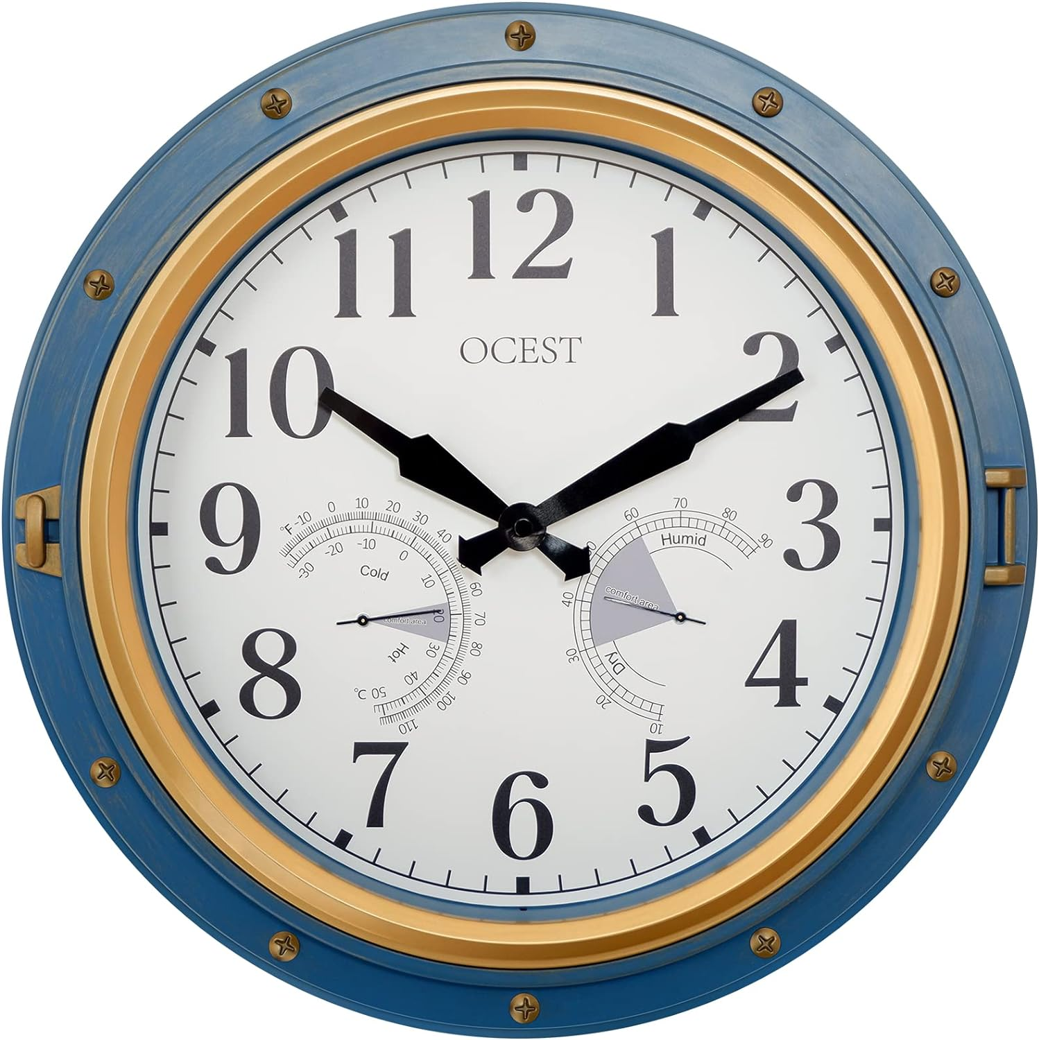 OCEST 16 Inch Garden Clocks Outdoor Waterproof, Large Thermometer, Hygrometer, Retro Design, Non-Ticking Battery Operated for Home Decor Patio (Blue) image number 4