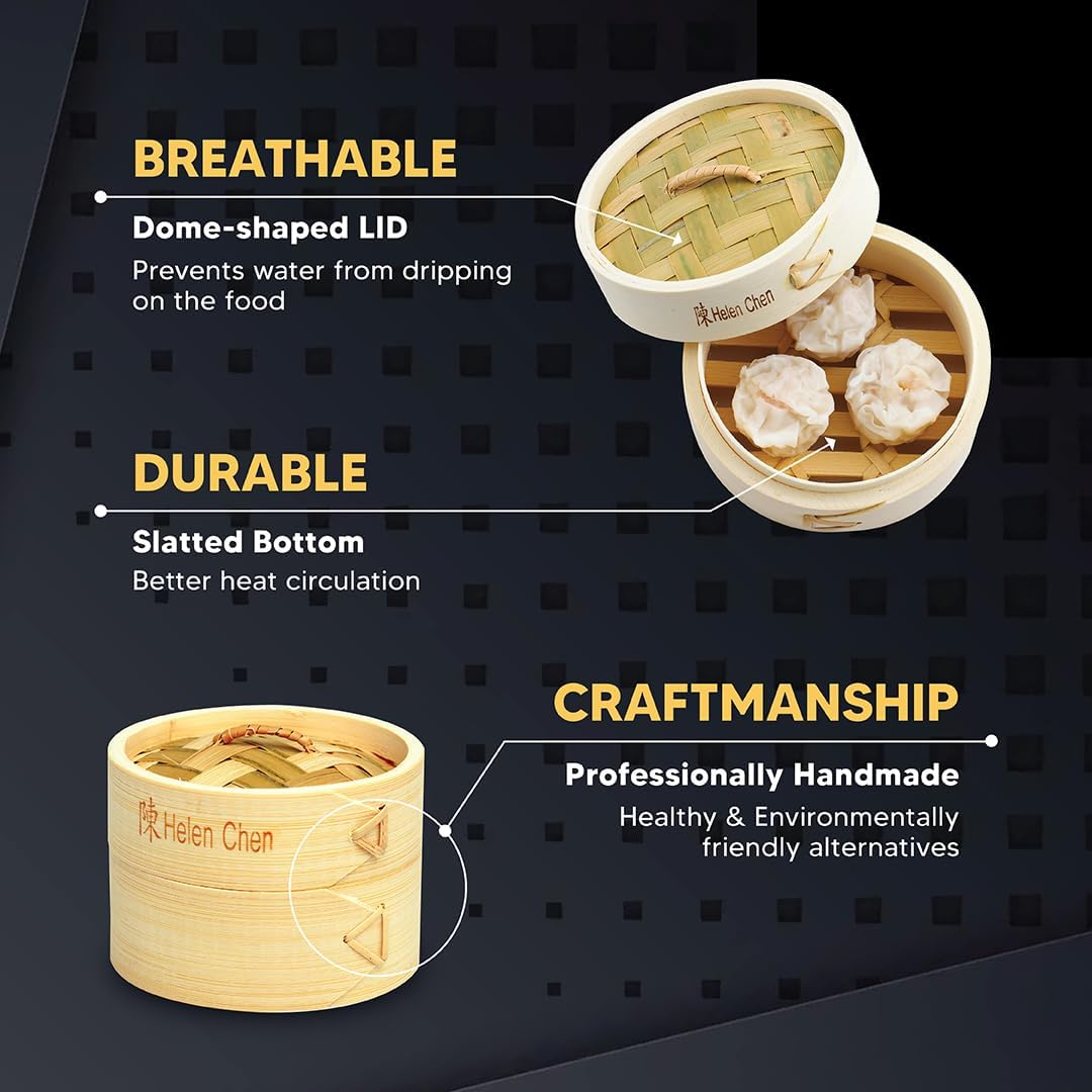 Helen&rsquo;S Asian Kitchen Bamboo Dim Sum Food Steamers with Lids, 4-Inch, Set of 2 image number 4