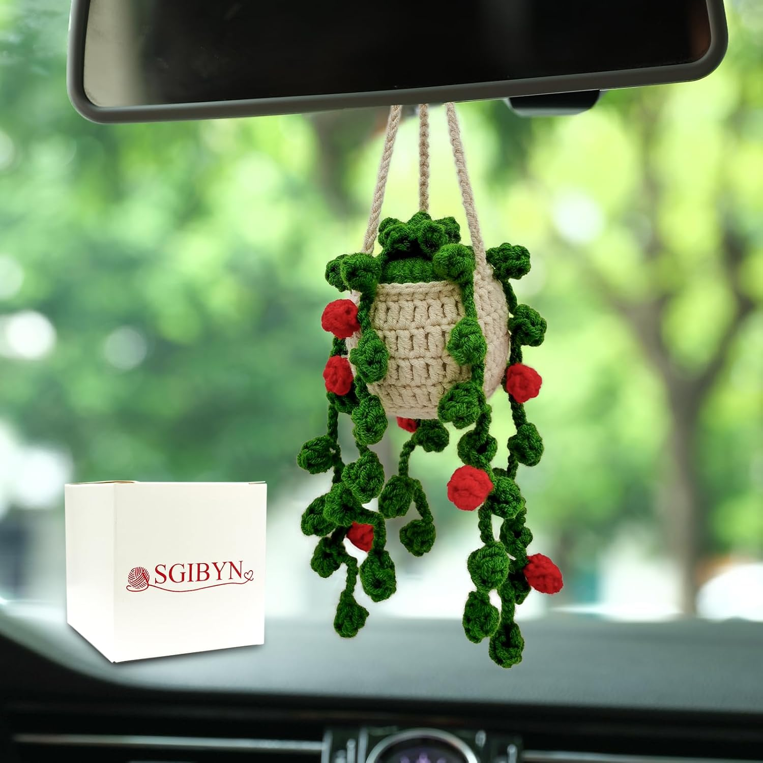 Crochet Hanging Plant for Car Decorations Interior,Cute Plant Strawberry Aesthetic Car Ornaments Charms Accessories for Rear View Mirror