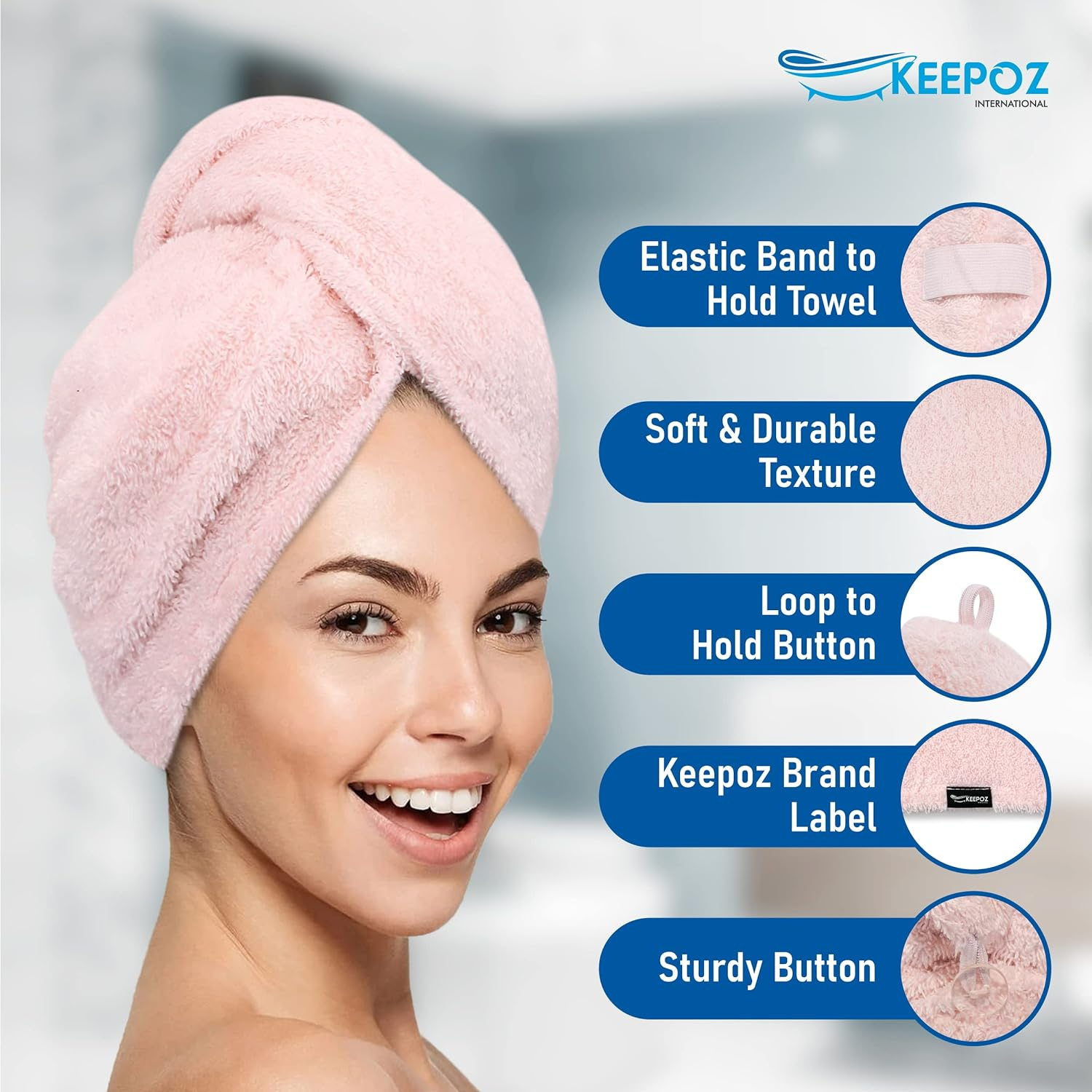 KEEPOZ Hair Towel Wrap Quick Dry 100% Cotton Super Absorbent Turban Head Wrap for Women with Button, Non Microfiber anti Frizz Hair Products, Hair Cap for Curly, Long & Thick Hair (Pink, 1 Pc) - Grey Check image number 6