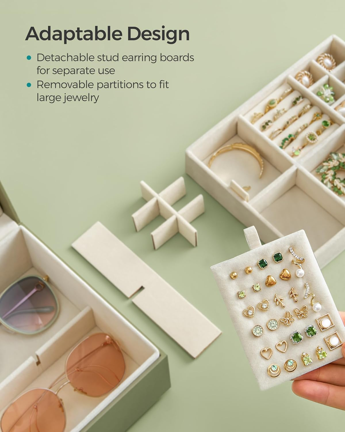 SONGMICS 2-Layer Jewelry Box, Jewelry Organizer with Handle, Removable Jewelry Tray, Jewelry Storage, Floating Effect, 20.5 X 24 X 11 Cm, Gift Idea, Laurel Green JBC165C02 image number 6