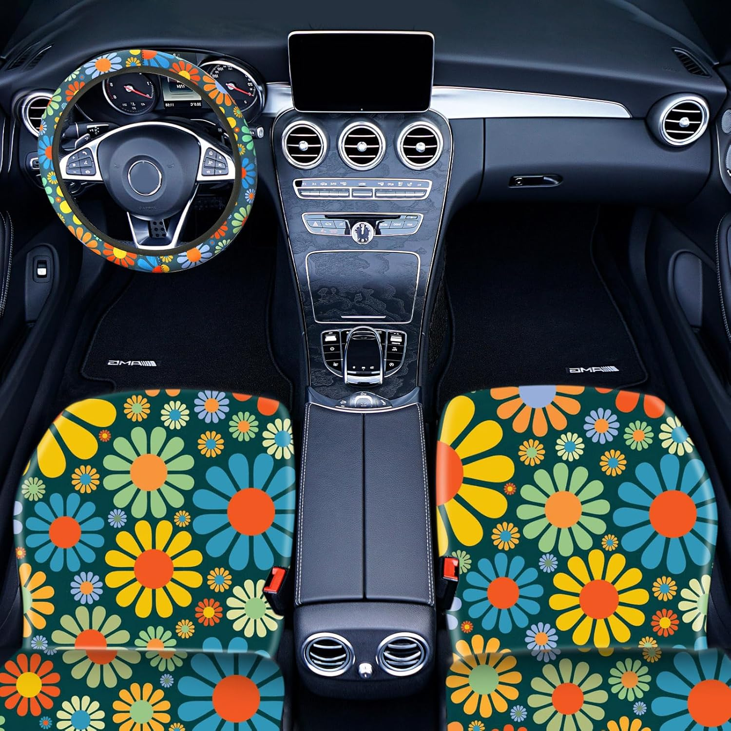 Tallew Abstract Hippie Flower Car Accessories Set - Car Seat Covers, Steering Wheel Cover, License Frames, Armrest Cover, Seat Belt, Cup Holder, Keyrings image number 5