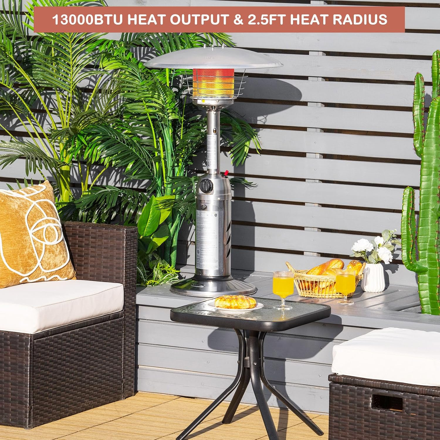 Giantex Outdoor Propane Patio Heater, 11,000 BTU Portable Tabletop Heater W/Weighted Base, Stainless Steel, Adjustable Thermostat, Electric Heater for Backyard, Garden, Commercial Restaurant, Silver image number 1