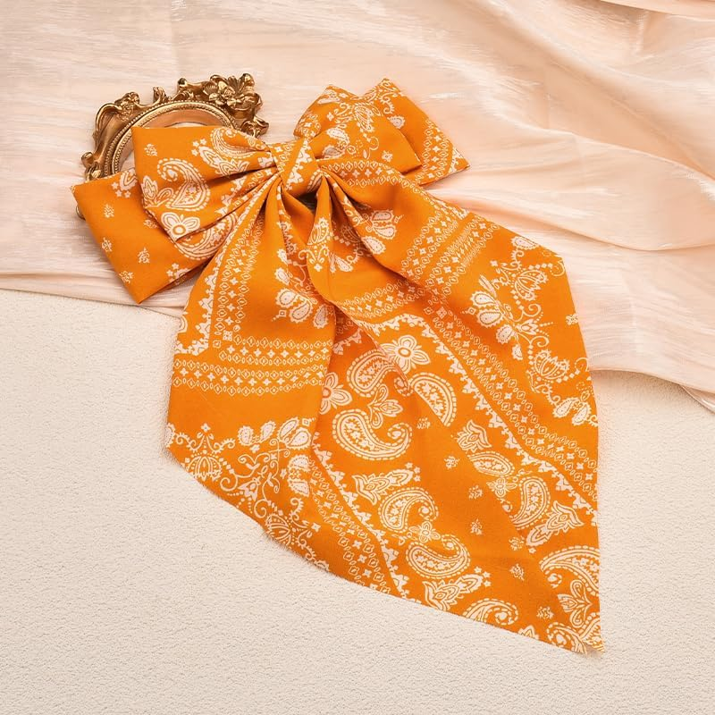Bandana Hair Bow Large Bow Silky Satin Hair French Barrette Clip for Women Ribbon Hair Bows Paisley Hair Clips Hair Bow Accessories for Women Long Ribbon Bow Hair Clips French Barrette Hair Bows image number 1