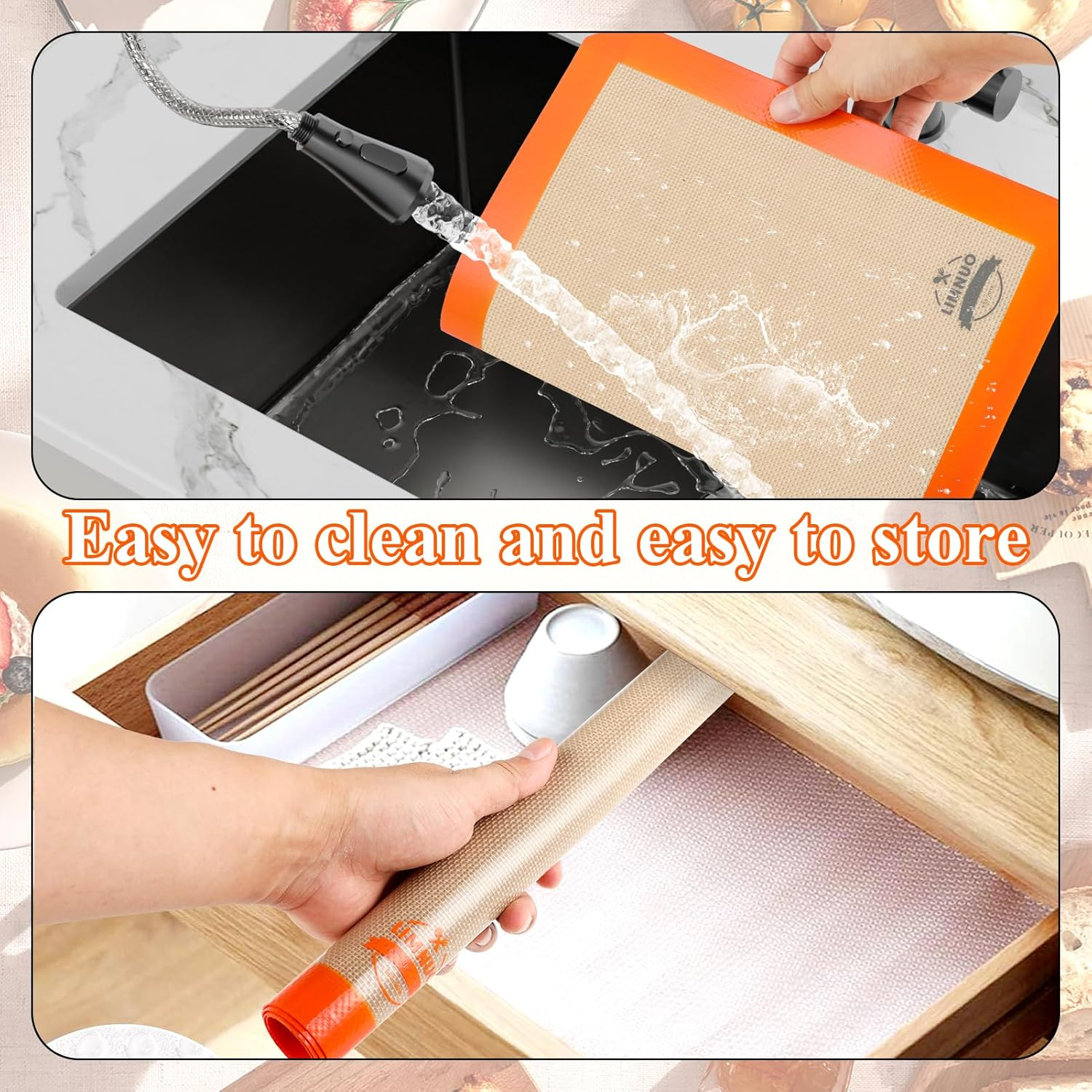 Silicone Baking Mat, Set of 3 Reusable Non-Stick Food Safe Baking Sheets for Cookies,For Making Cookies, Macaroons, Bread (Orange) - Orange image number 2