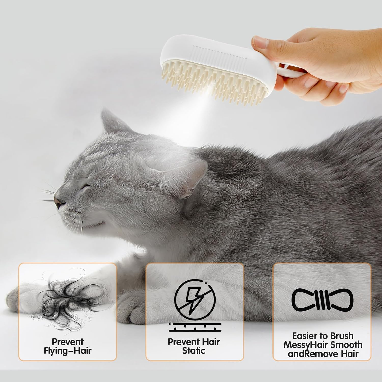 Fxvhojq Spray Cat Brush 150Mah Rechargeable Cat Steamy Brush with Water Tank and 20Ml Free Wash Liquid Cat Steam Brush Comfortable Cat Grooming Brush with Soft Silicone Comb Teeth for Massage (White) image number 3