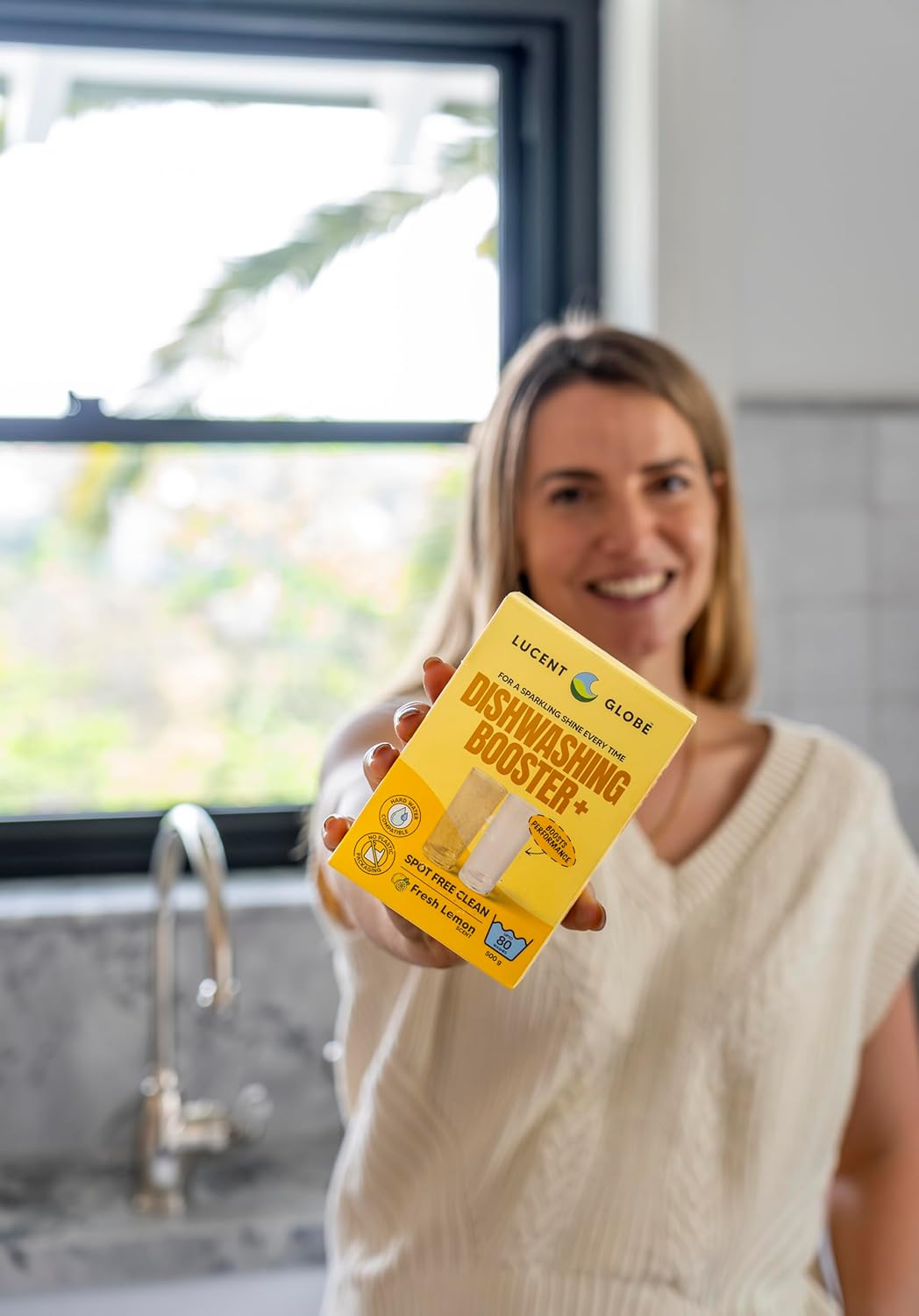 Lucent Globe Dishwashing Booster+ Powder &ndash; Fresh Lemon Scent &ndash; Spot-Free Finish, Hard Water Compatible, 100% Plastic-Free Packaging, 80 Washes (500G) image number 5
