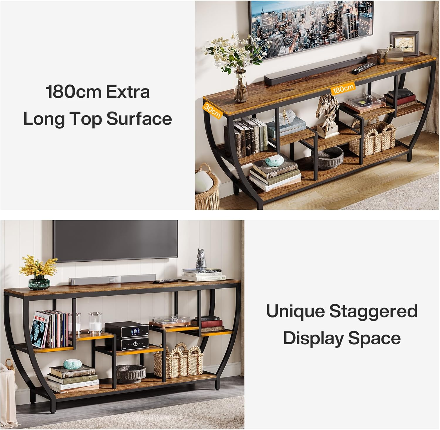 Tribesigns 180Cm Long Console Table, Rustic Console Table with Shelves, Industrial Entryway Table TV Stand, behind Couch Table for Living Room, Hallway, Foyer, Brown image number 6