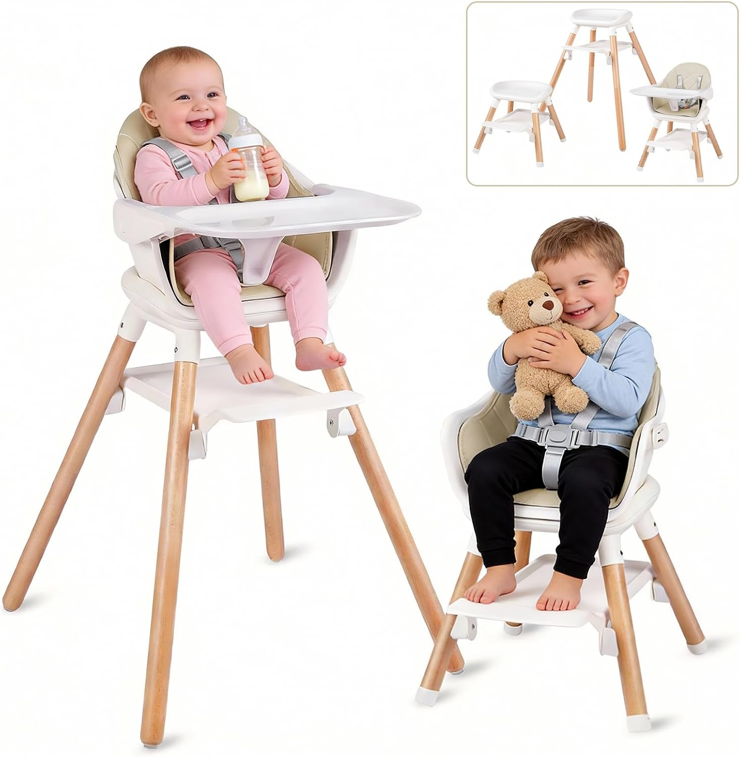 6 in 1 Baby High Chair, Convertible Wooden High Chairs/Booster Seat for Babies and Toddlers, Baby Feeding Chair with 5-Point Harness/Double Removable Tray & Adjustable Footrest (Beige) image number 3