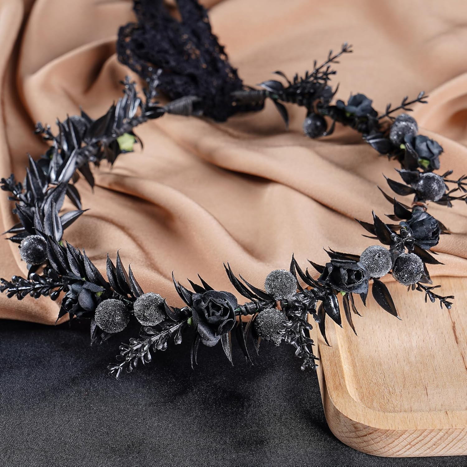 MOSTORY Black Floral Crown - Adjustable Gothic Flower Headpiece Dark Fairy Circlet Wreath Headband Medieval Decorations for Halloween Cosplay Carnival Renaissance Mardi Gras image number 3