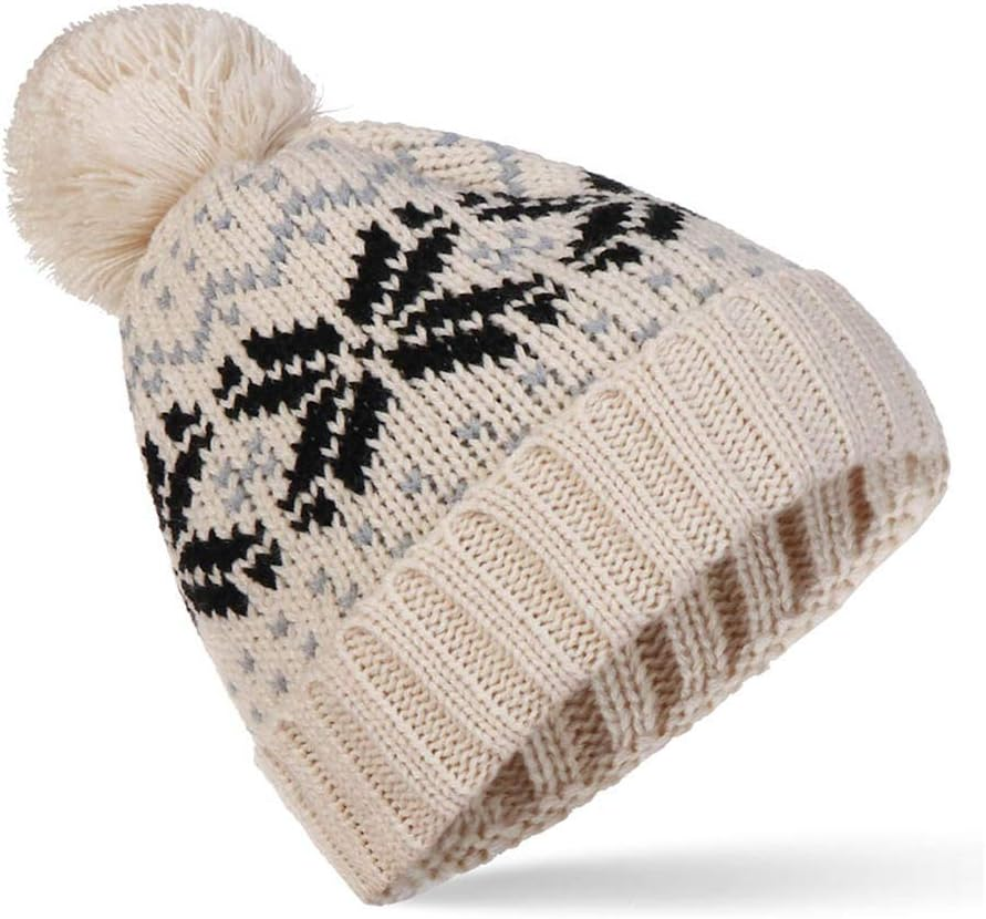 IZUS Christmas Snowflake Beanie-With-Pom-Poms for Women and Men