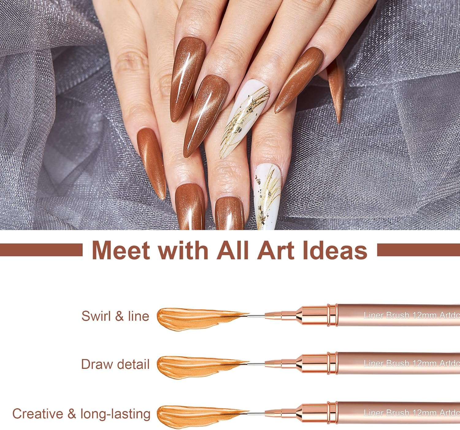 Artdone Metallic Nail Art Pens, Liner Brushes Set, 5PCS Copper Color Nail Tools for Long Lines, Thin Details, Fine Drawing, Liner Brush UV Gel Polish Painting Nail Design Sizes 5/8/12/20/25Mm image number 2