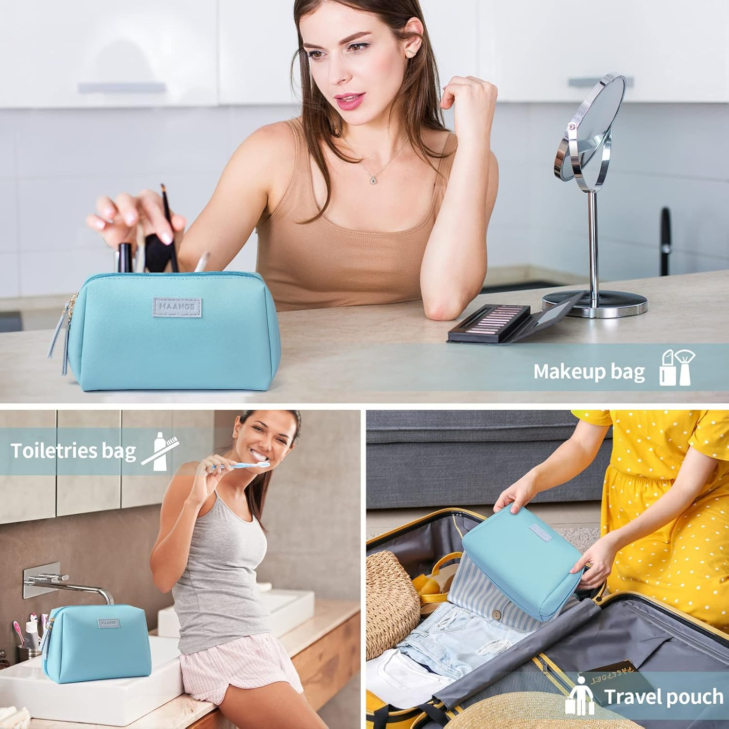 MAANGE Small Makeup Bag for Woman Cosmetic Bag with Zipper Travel Makeup Bag of Soft PU Leathercute Make up Pouch, Blue, Large image number 1