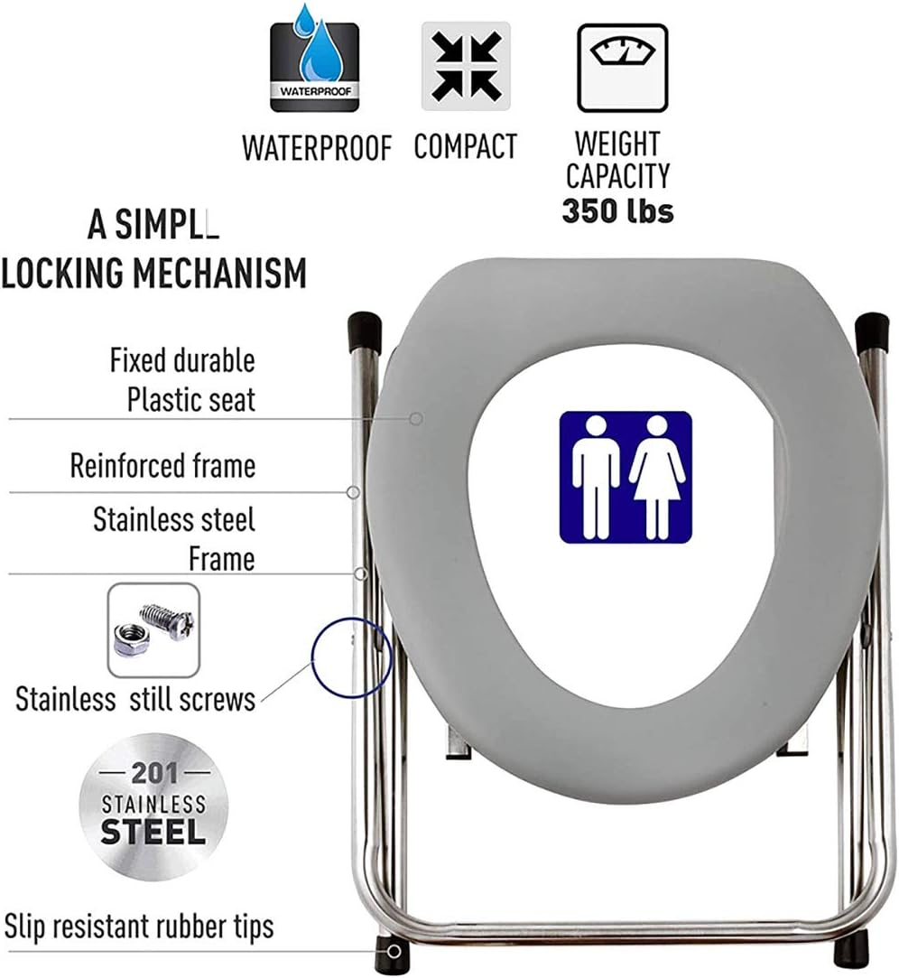 Portable Outdoor Folding Commode Toilet Seat, Stainless Steel Portable Potty Commode Chair, Perfect for Camping, Traveling, Hiking, Fishing, Outdoor Living (Gray) - Gray image number 1