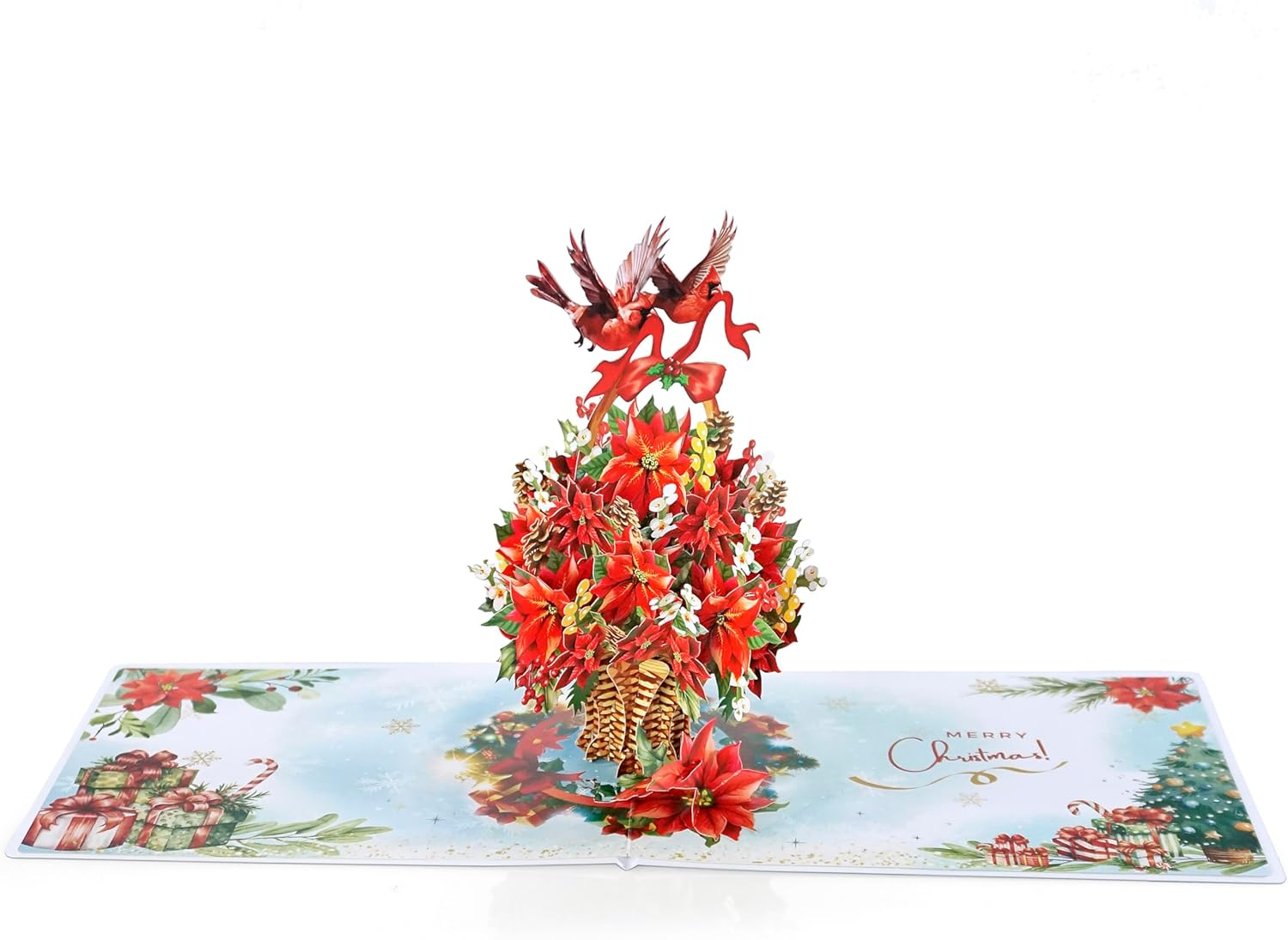 CUTPOPUP Poinsettia Basket with Cardinals, Christmas Card Pop Up, 3D Xmas, Merry Christmas, New Year, Holiday Greeting Card (Poinsettia Basket with Cardinals) CN293AU1520 image number 1
