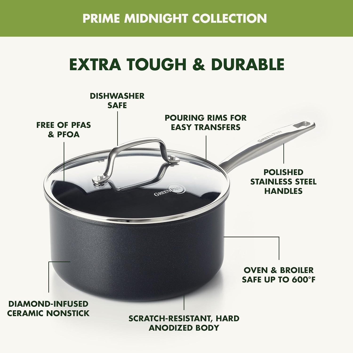 Greenpan Prime Chatham 1QT & 2QT Saucepan Pot Set with Glass Lids, Hard Anodized Diamond Infused Ceramic Nonstick, Pfas-Free, Dishwasher Safe, Oven Safe, Multipurpose Chefs Pan, Stay-Cool Handle,Black image number 4