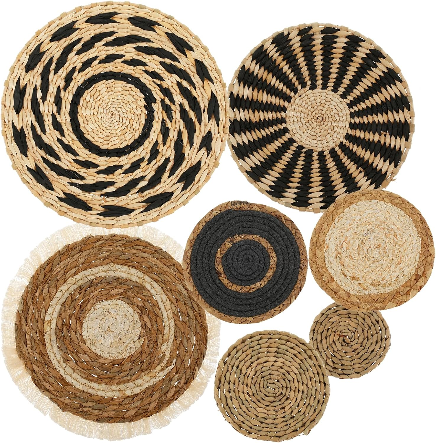 7-Pack Boho Wall Basket Decor: Seagrass Rattan Wicker - round Wall Art for Farmhouse Bedroom, Living Room, Kitchen - White