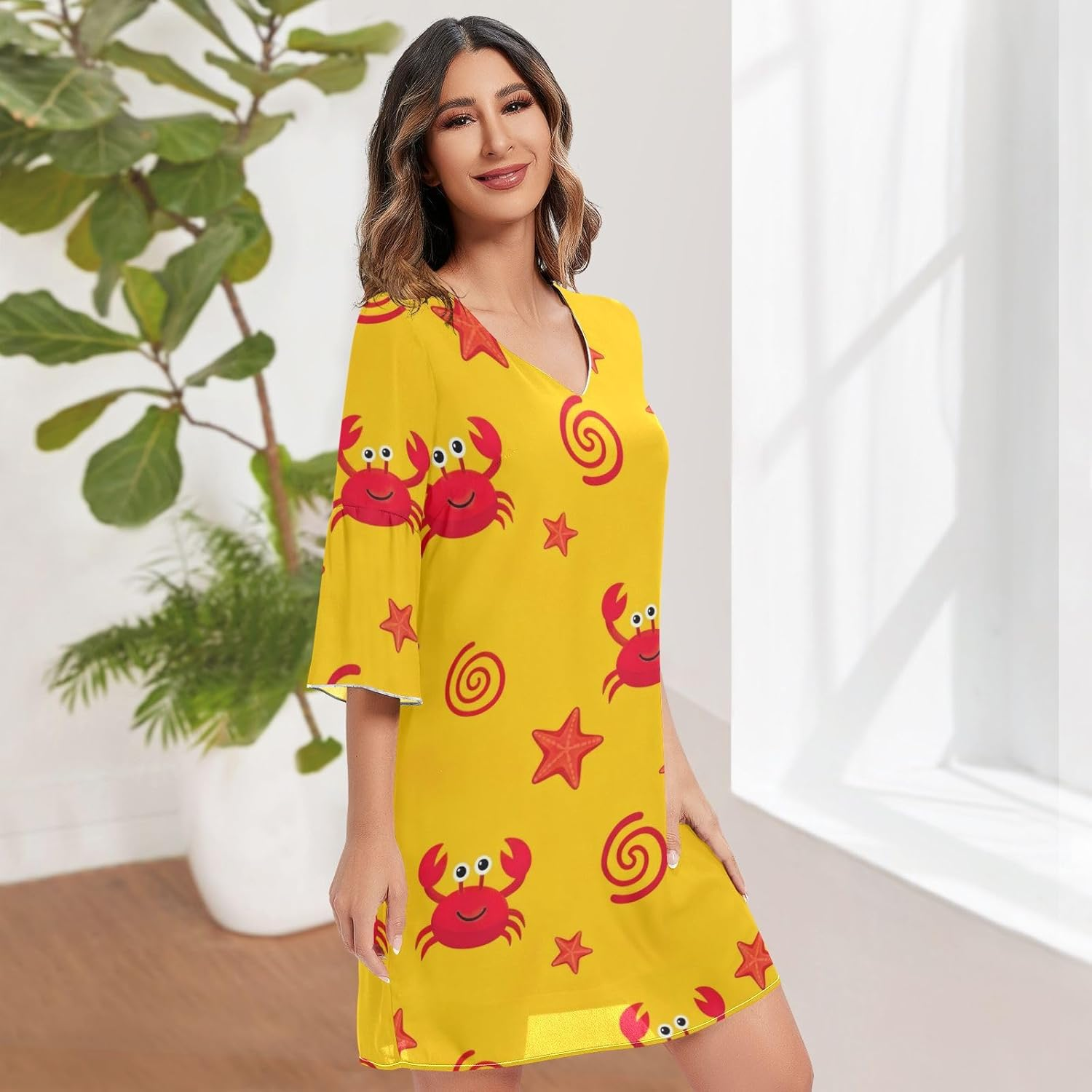 Cute Red Cartoon Crabs V Neck Dress Printed Maternity Dress Party