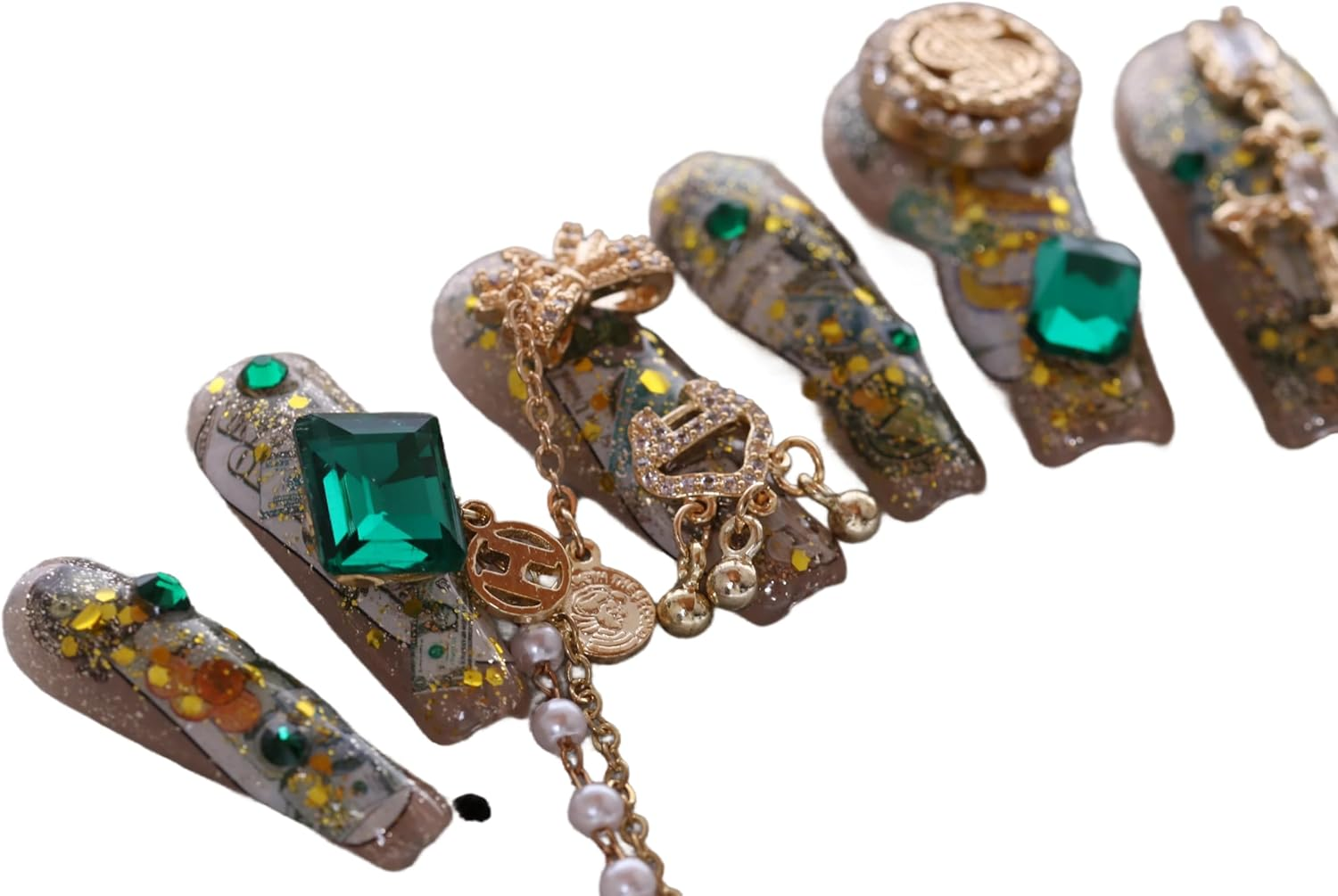PN-029 Press-On Nails Lacquered Pack of 10 Reusable Artificial Premium Nails Dollar $ Chain Green Crystal Stones Gold Beige image number 5