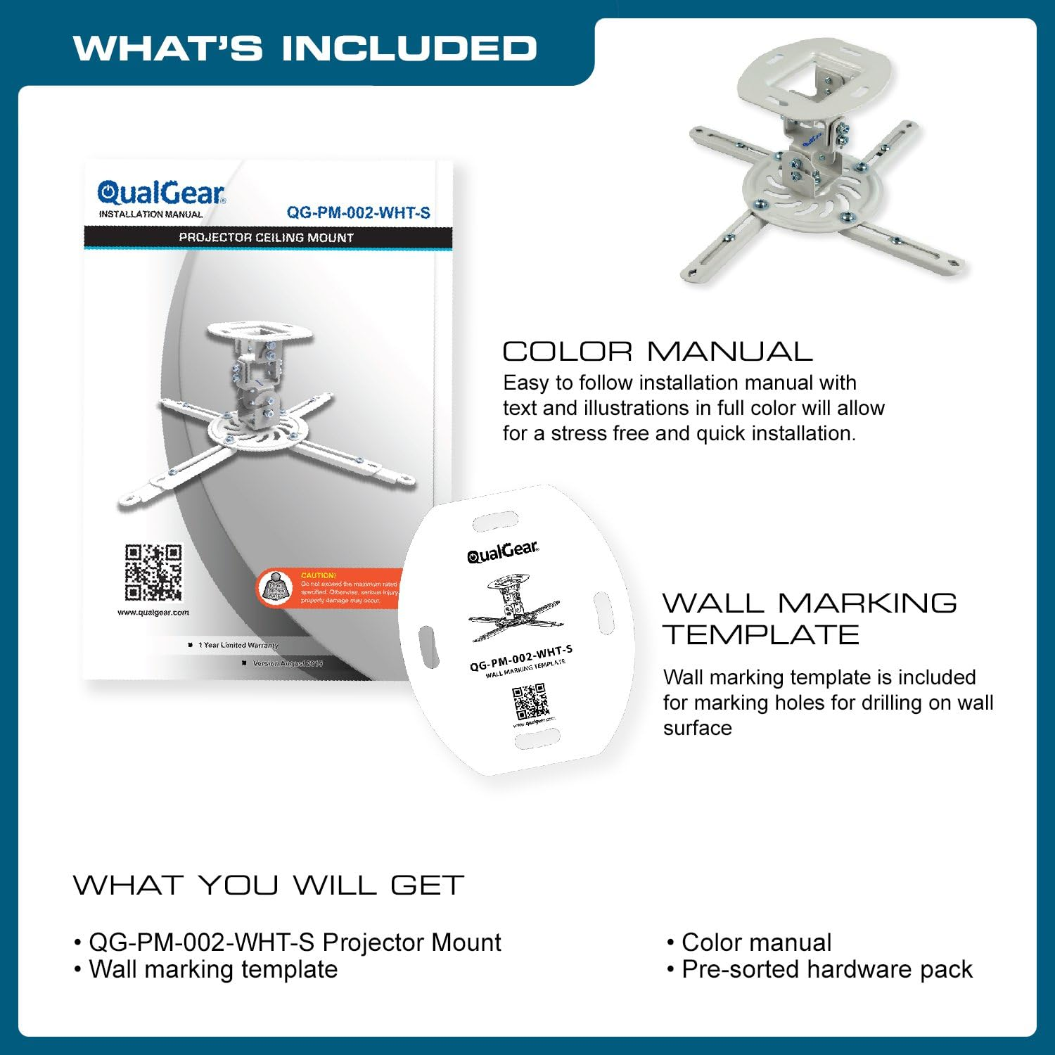 Qualgear Qg-Pm-002-Wht-S Projector Ceiling Mount Accessory, White image number 1