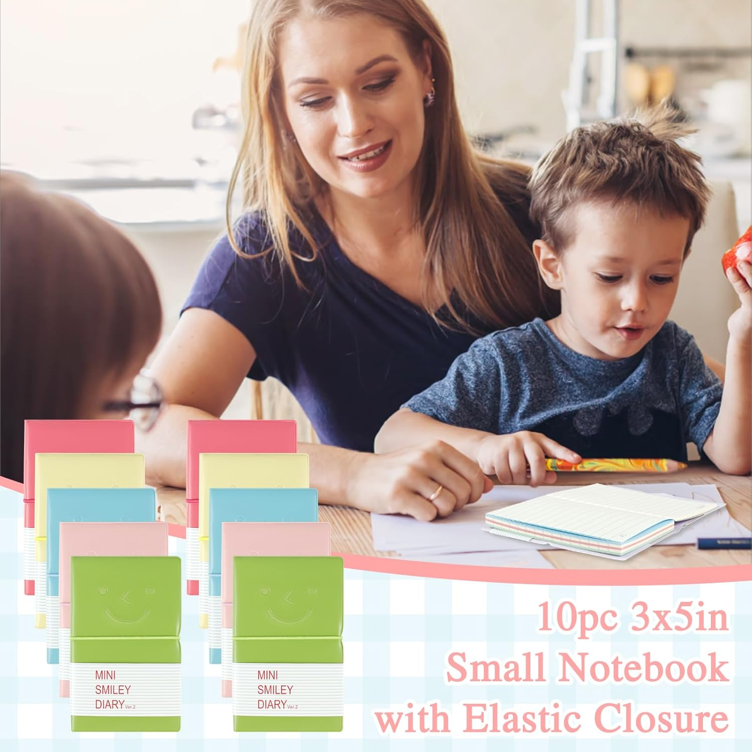 10 PCS Mini Pocket Notebooks, Small Smiley Diary Paper Notebook, 3X5 Inch Mixed Lined and Blank Paper Mini Order Notebooks with Elastic Closure and PU Leather Cover, 5 Colors image number 5