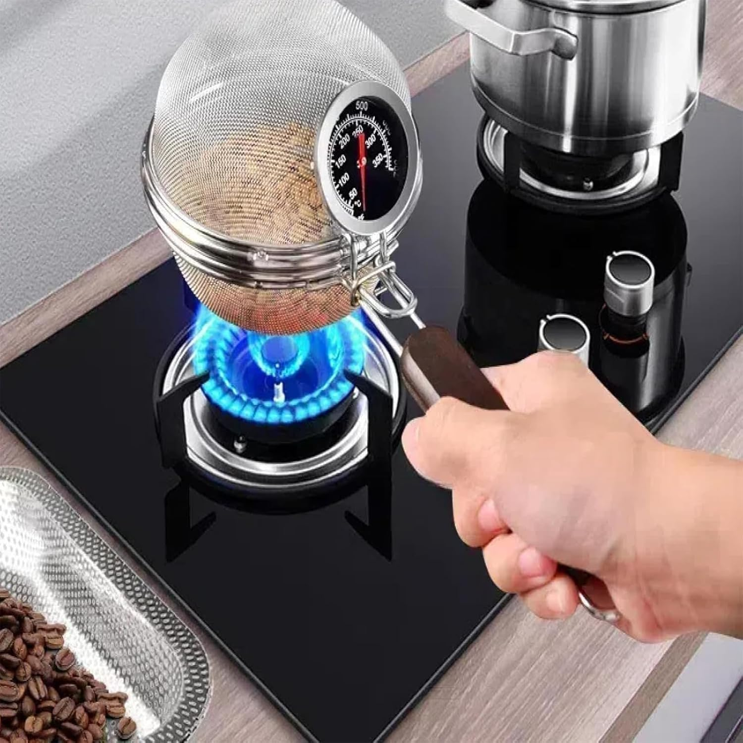 Cozioz Coffee Roasting Kit - Stainless Steel Hand Net with Thermometer for Home Bean & Tea Roasting image number 1