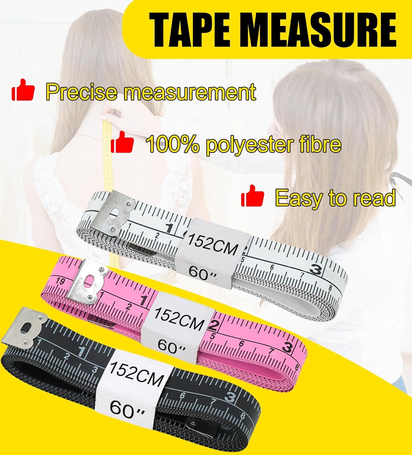 YBVABE Soft Tape Measure 2 Pack 152Cm/60Inch Double Scale Soft Tape Measure Body Sewing Flexible for Weight Loss Medical Body Measurement Sewing Tailor Craft, Has Inches Scale on Reverse Side image number 4