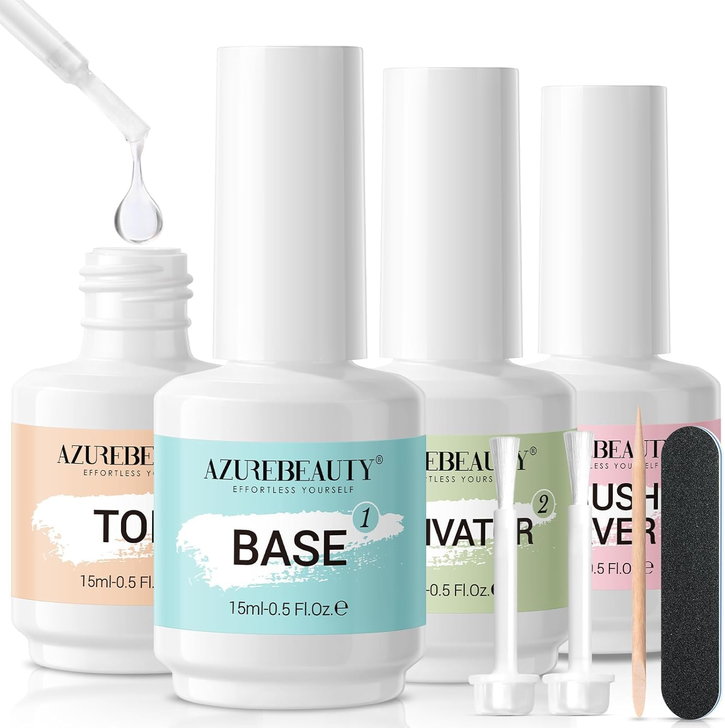 AZUREBEAUTY Dip Powder Liquid Set 15Ml/0.5Oz 8 Pcs Dipping Base Activator and Top Coat Brush Saver Nail File Necessary Tools for Dip Kit No Lamp Needed image number 5