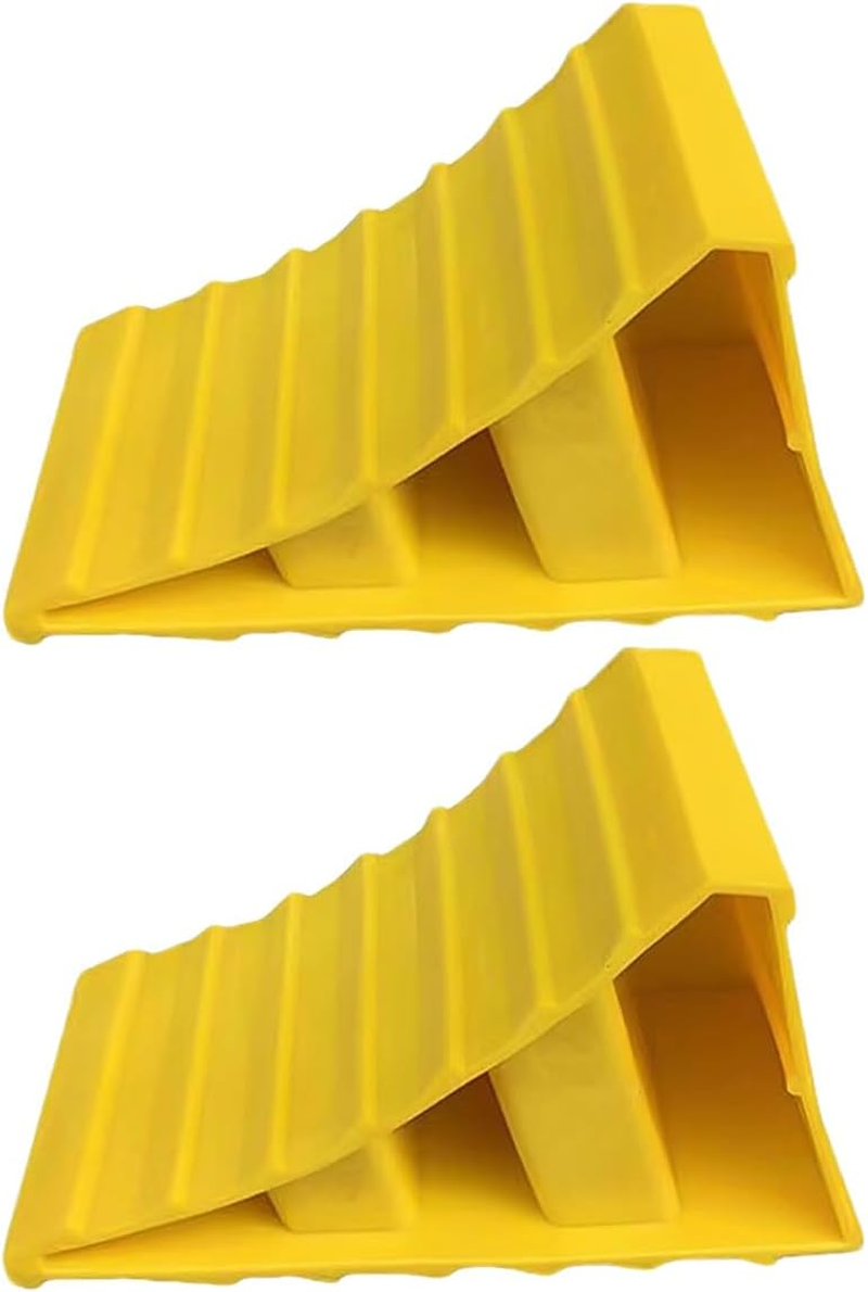 AIMALL 2PCS Yellow Anti-Slip Plastic Wheel Chocks for Car Parking and Reversing, 7.87In Triangle Tyre Stop Blocks with Optional Carrying Ring for Vehicle Tyre Clearance Control image number 1